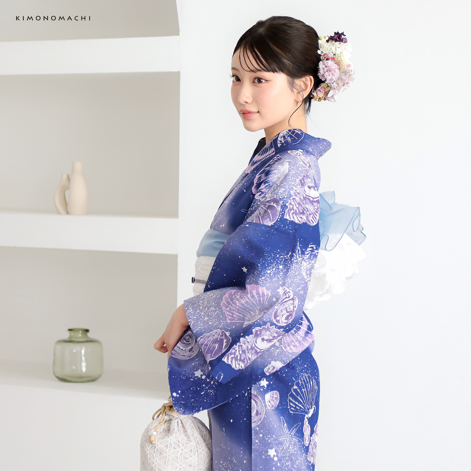 綿レディース浴衣：05貝殻　マリンブルー