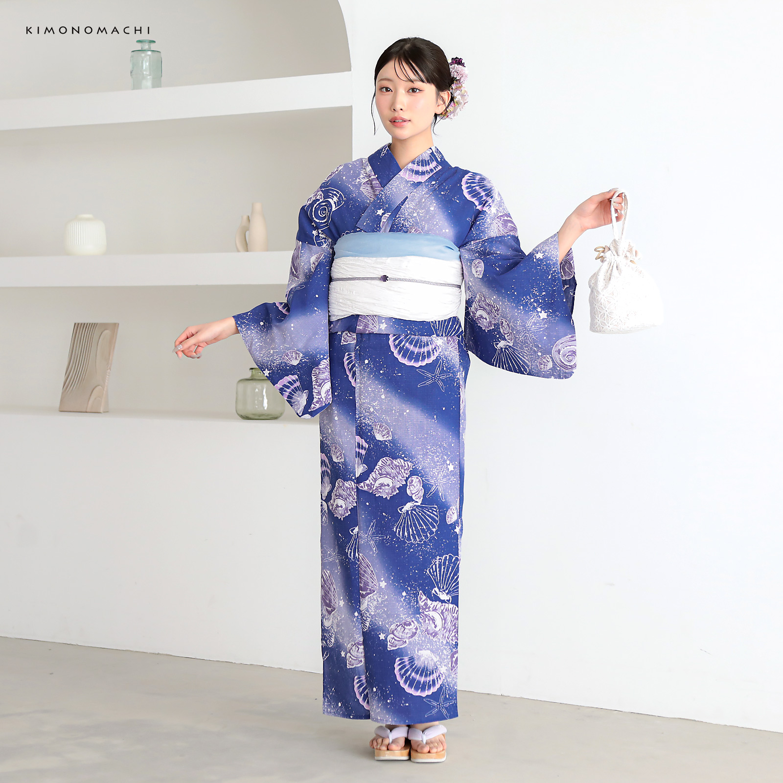 綿レディース浴衣：05貝殻　マリンブルー
