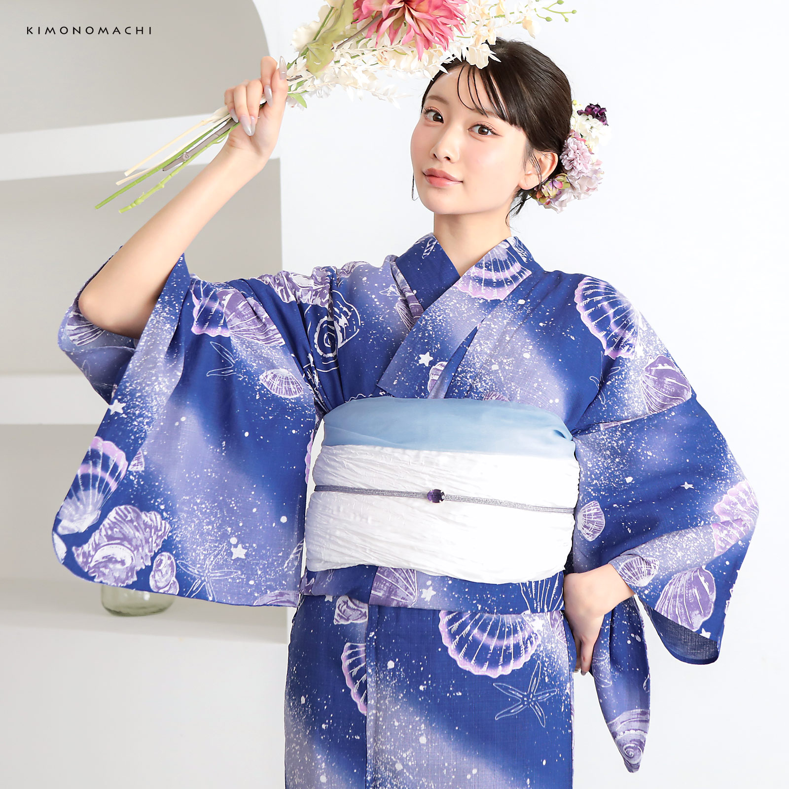 綿レディース浴衣：05貝殻　マリンブルー