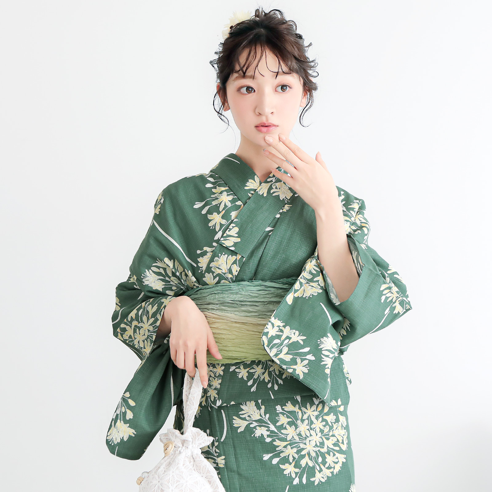 綿レディース浴衣：06アガパンサス　アンティークグリーン