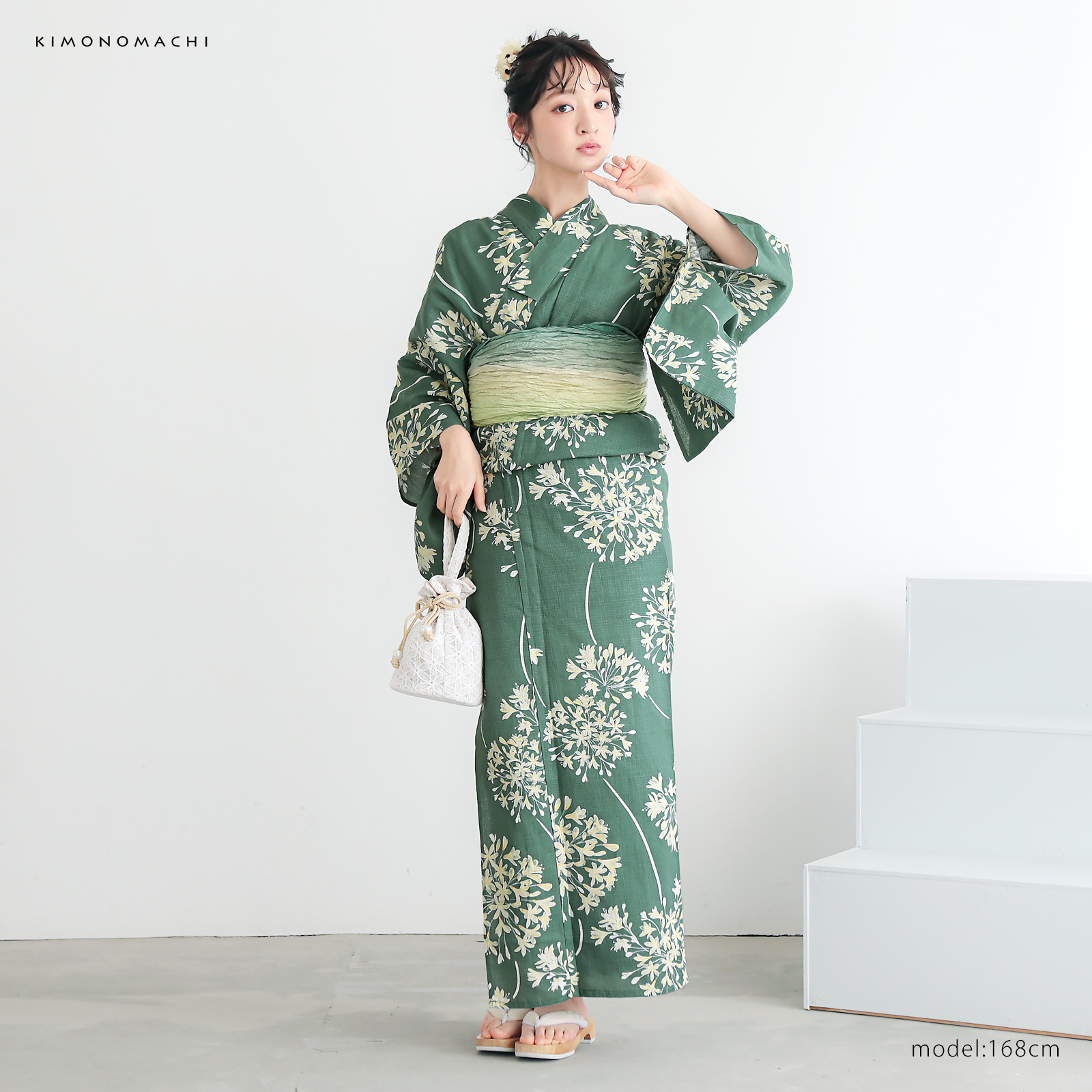 綿レディース浴衣：06アガパンサス　アンティークグリーン