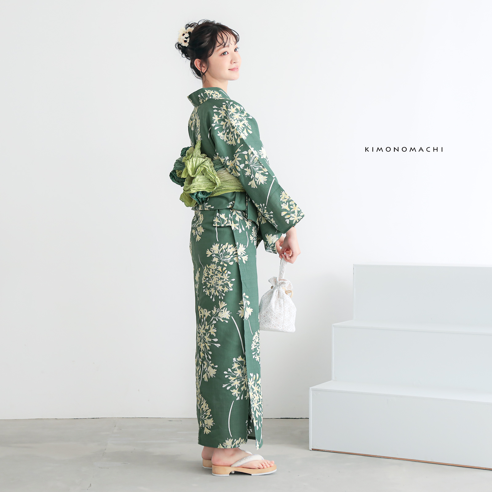 綿レディース浴衣：06アガパンサス　アンティークグリーン