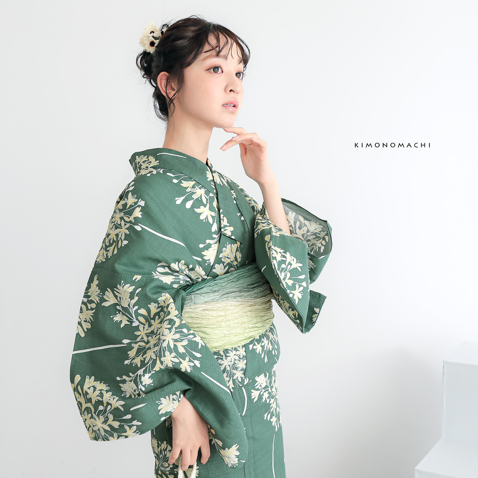 綿レディース浴衣：06アガパンサス　アンティークグリーン