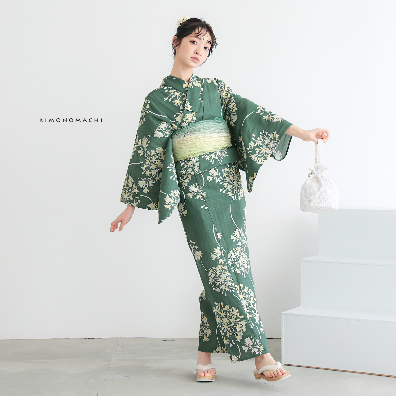 綿レディース浴衣：06アガパンサス　アンティークグリーン