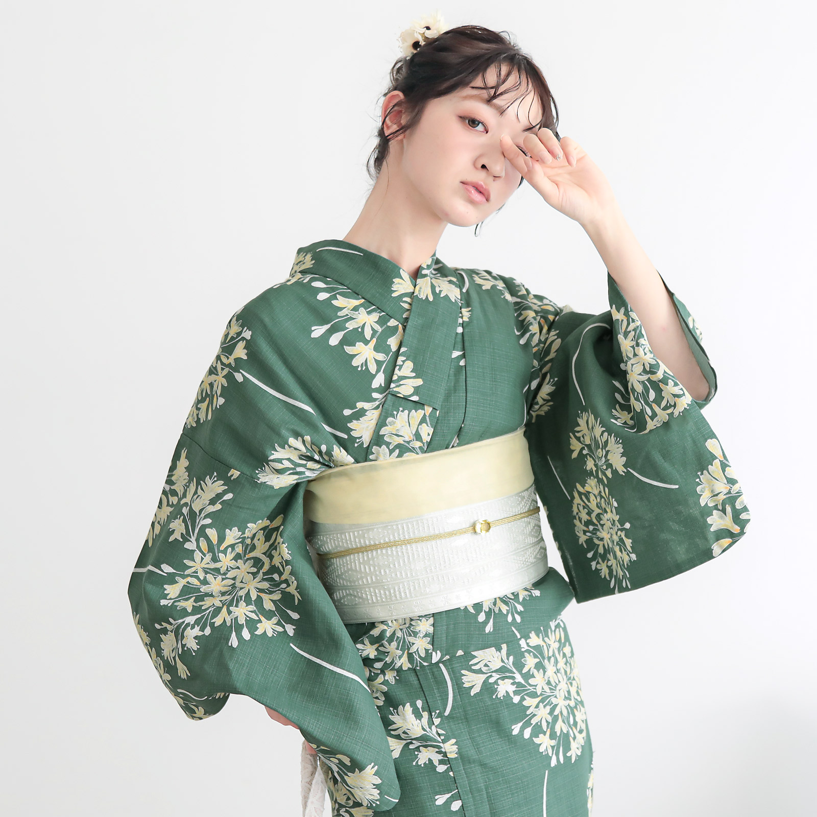 綿レディース浴衣：06アガパンサス　アンティークグリーン