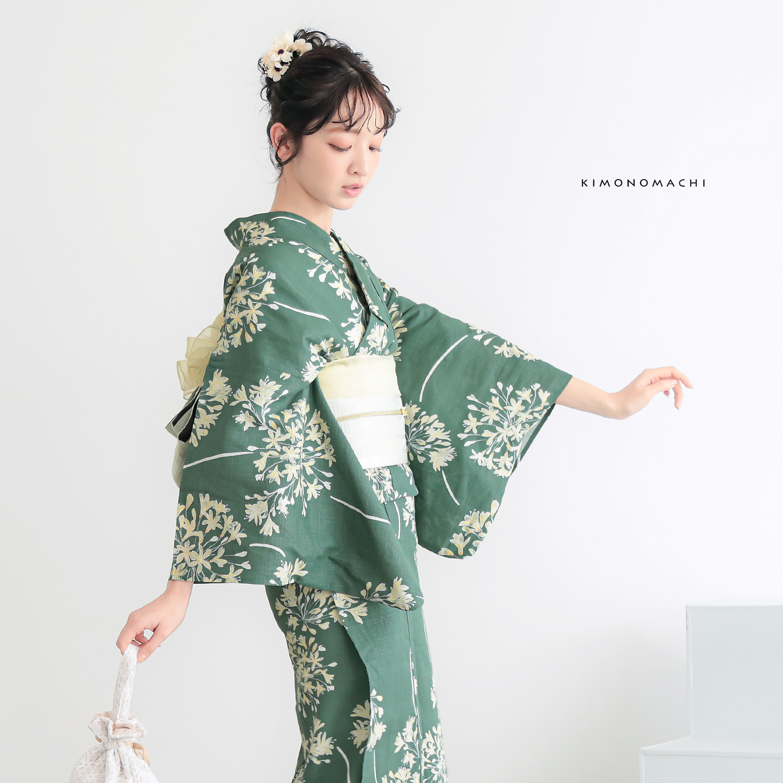 綿レディース浴衣：06アガパンサス　アンティークグリーン