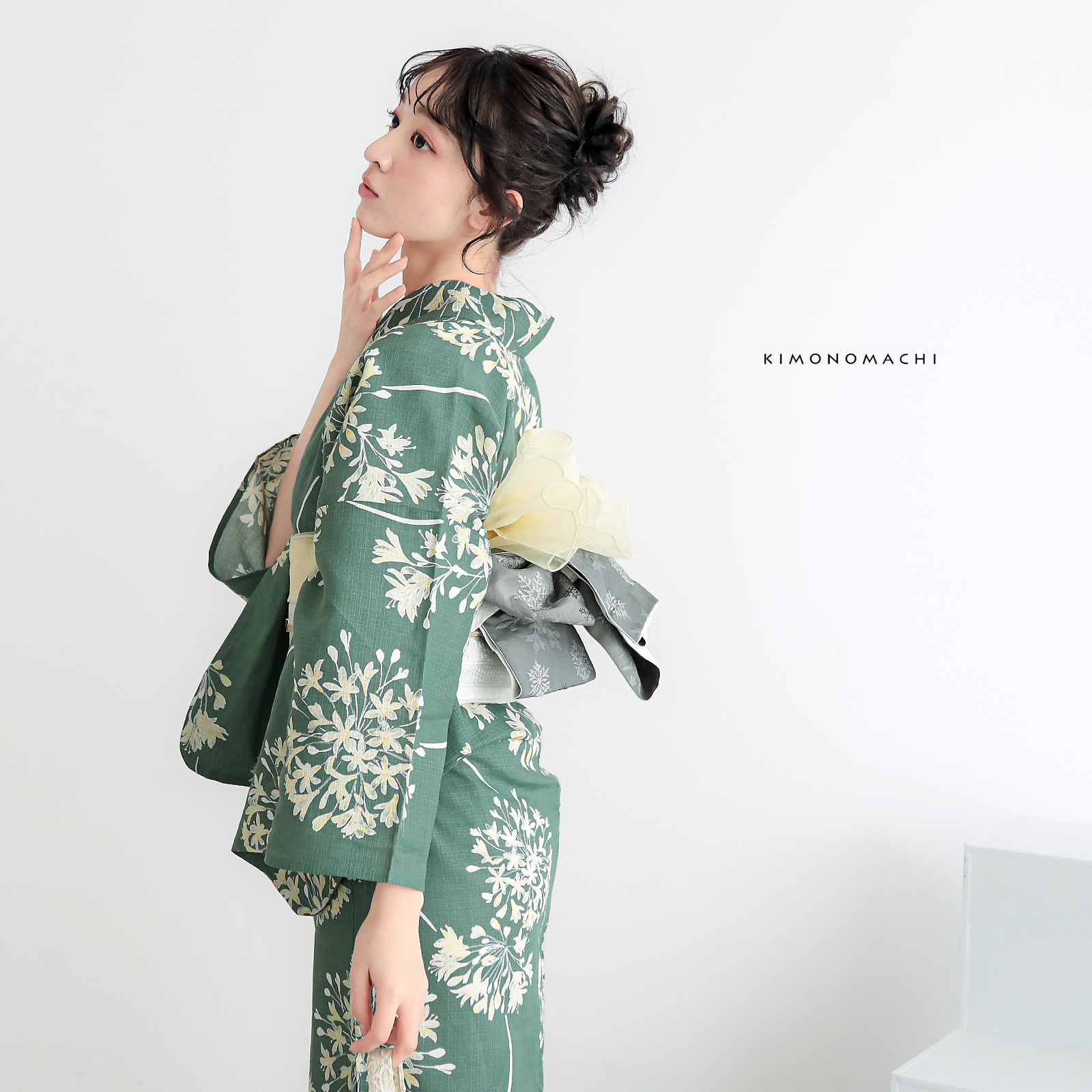 綿レディース浴衣：06アガパンサス　アンティークグリーン