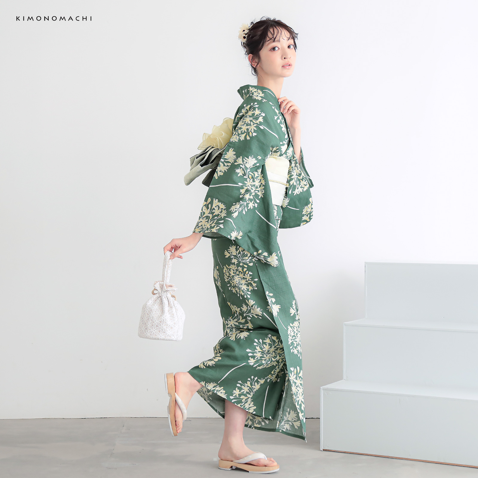 綿レディース浴衣：06アガパンサス　アンティークグリーン