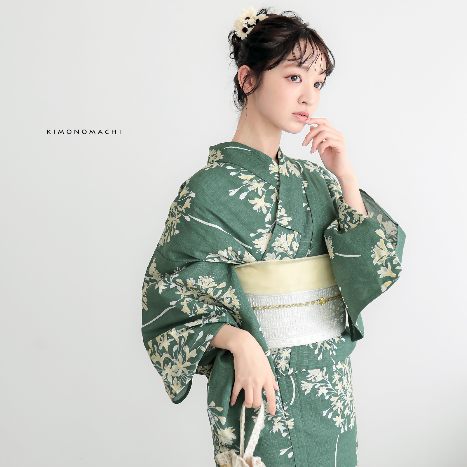 綿レディース浴衣：06アガパンサス　アンティークグリーン