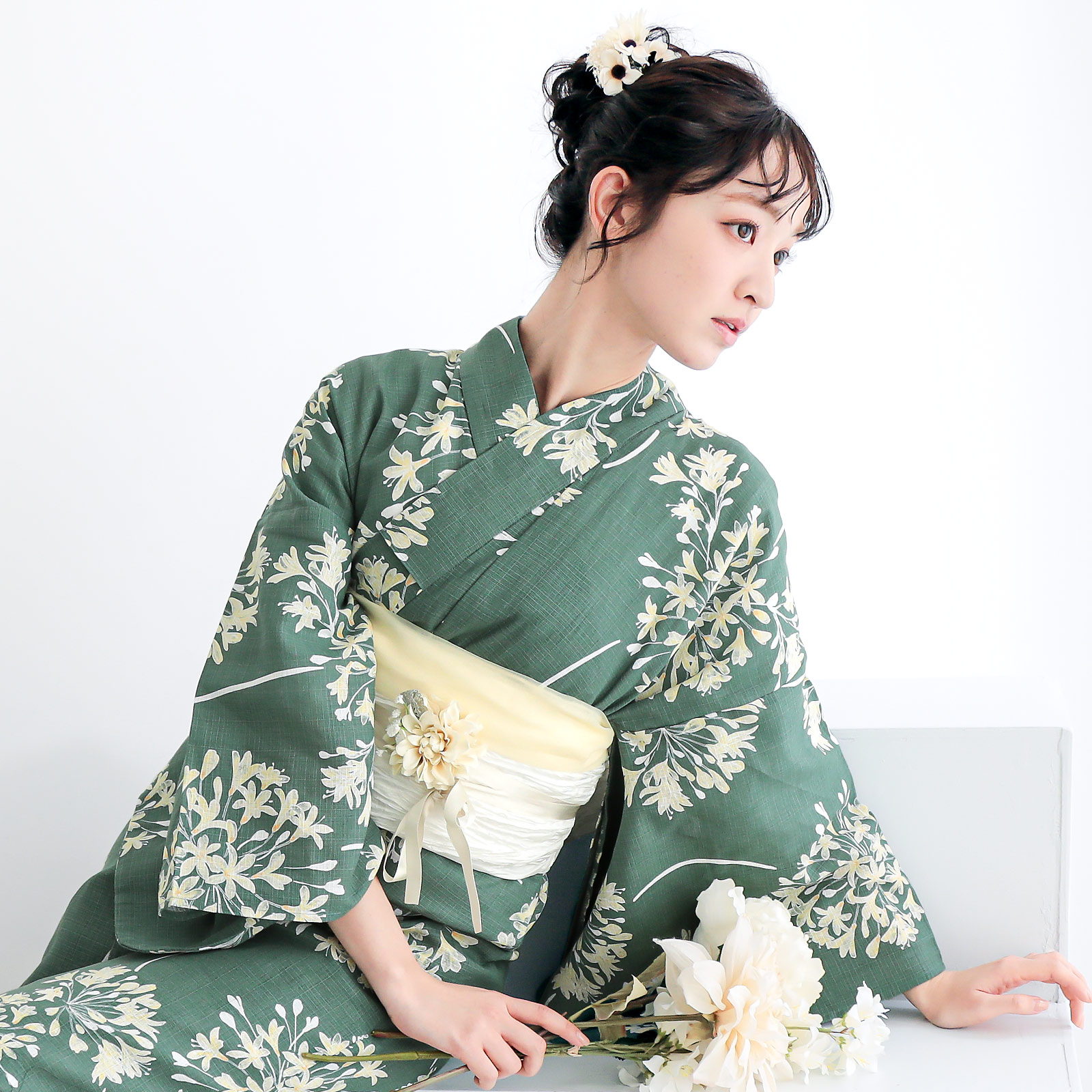 綿レディース浴衣：06アガパンサス　アンティークグリーン