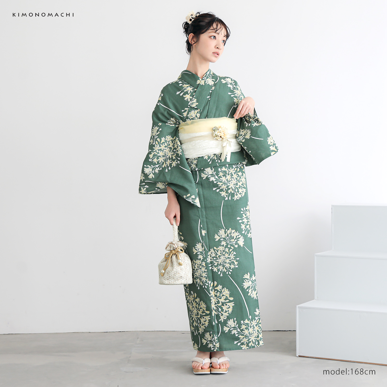 綿レディース浴衣：06アガパンサス　アンティークグリーン