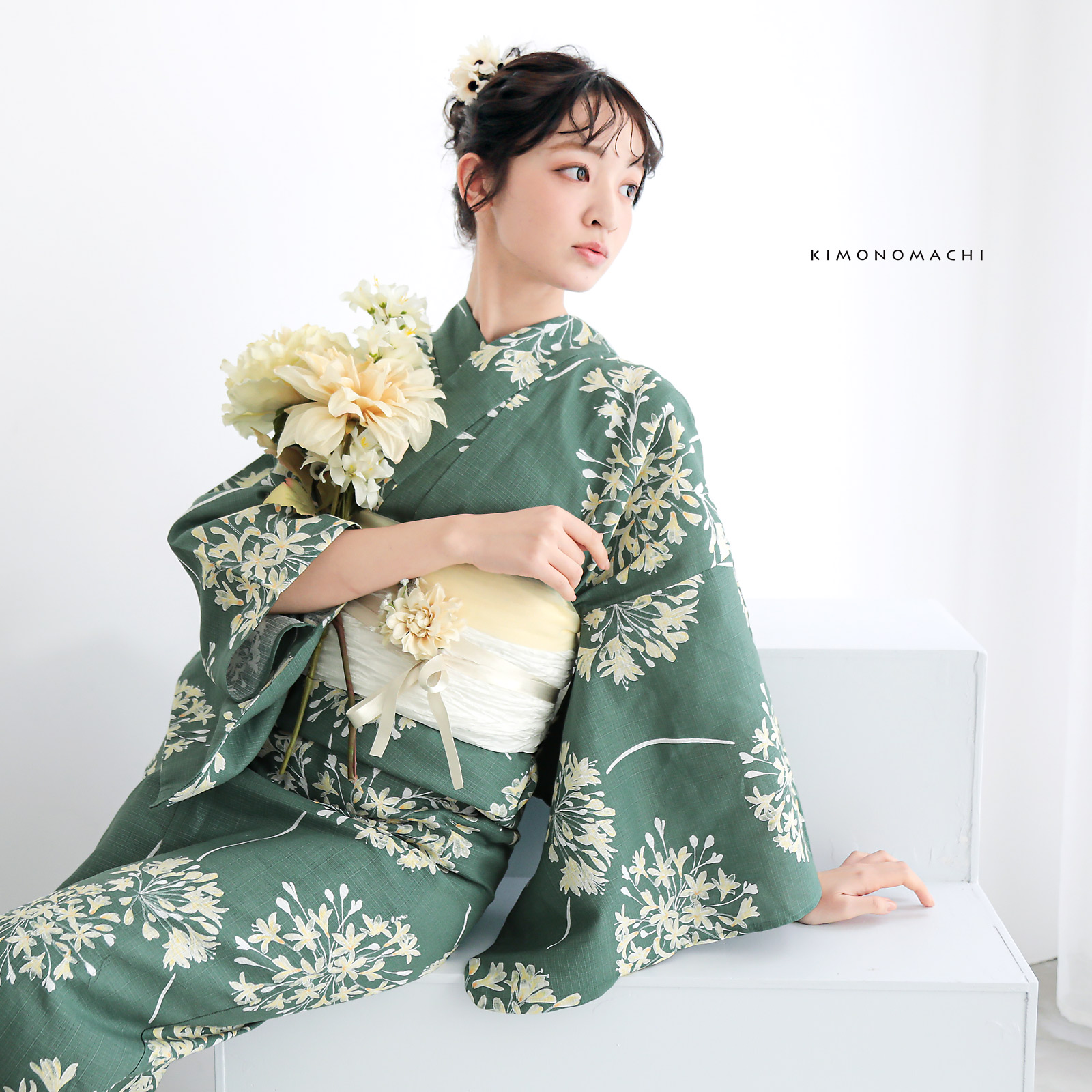 綿レディース浴衣：06アガパンサス　アンティークグリーン