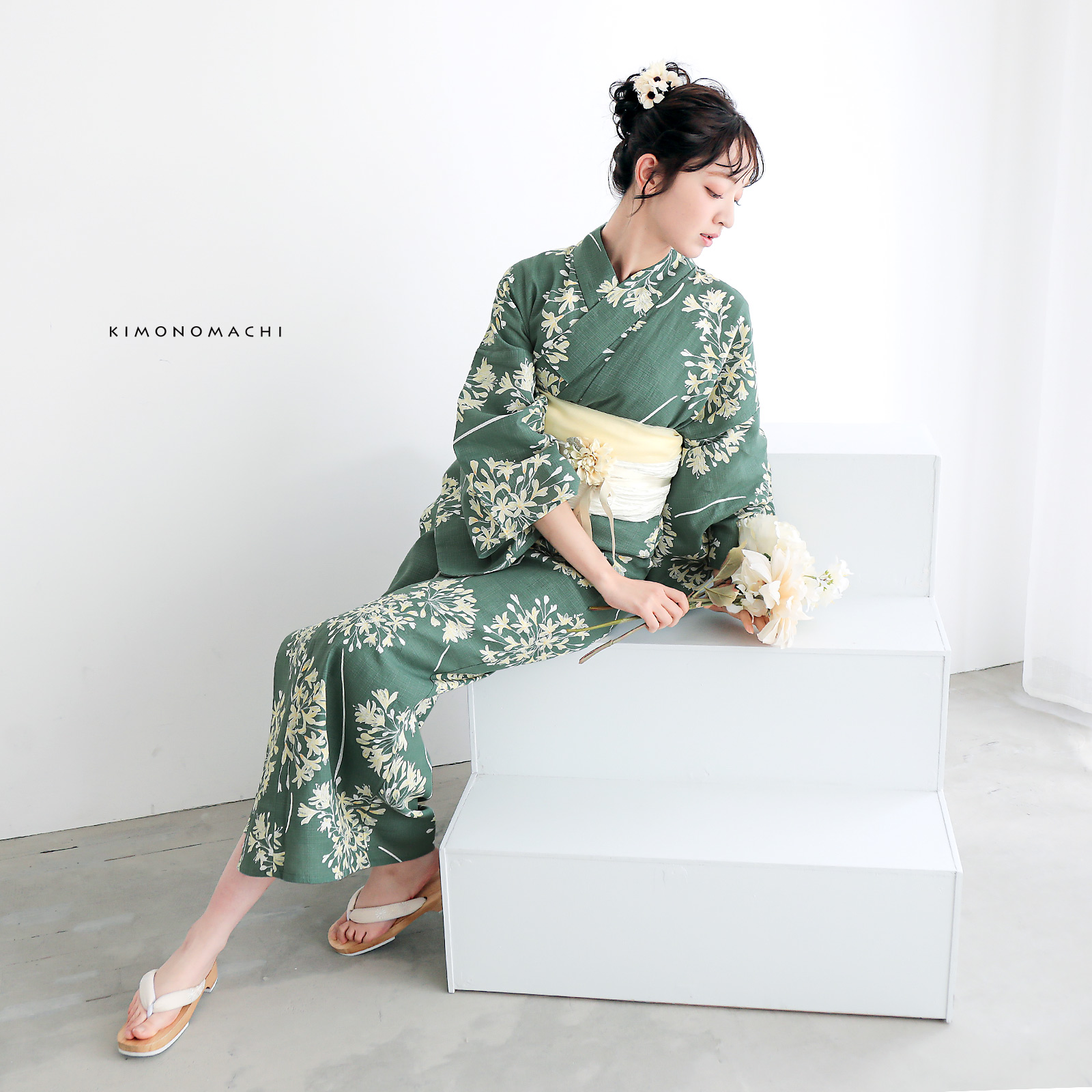 綿レディース浴衣：06アガパンサス　アンティークグリーン