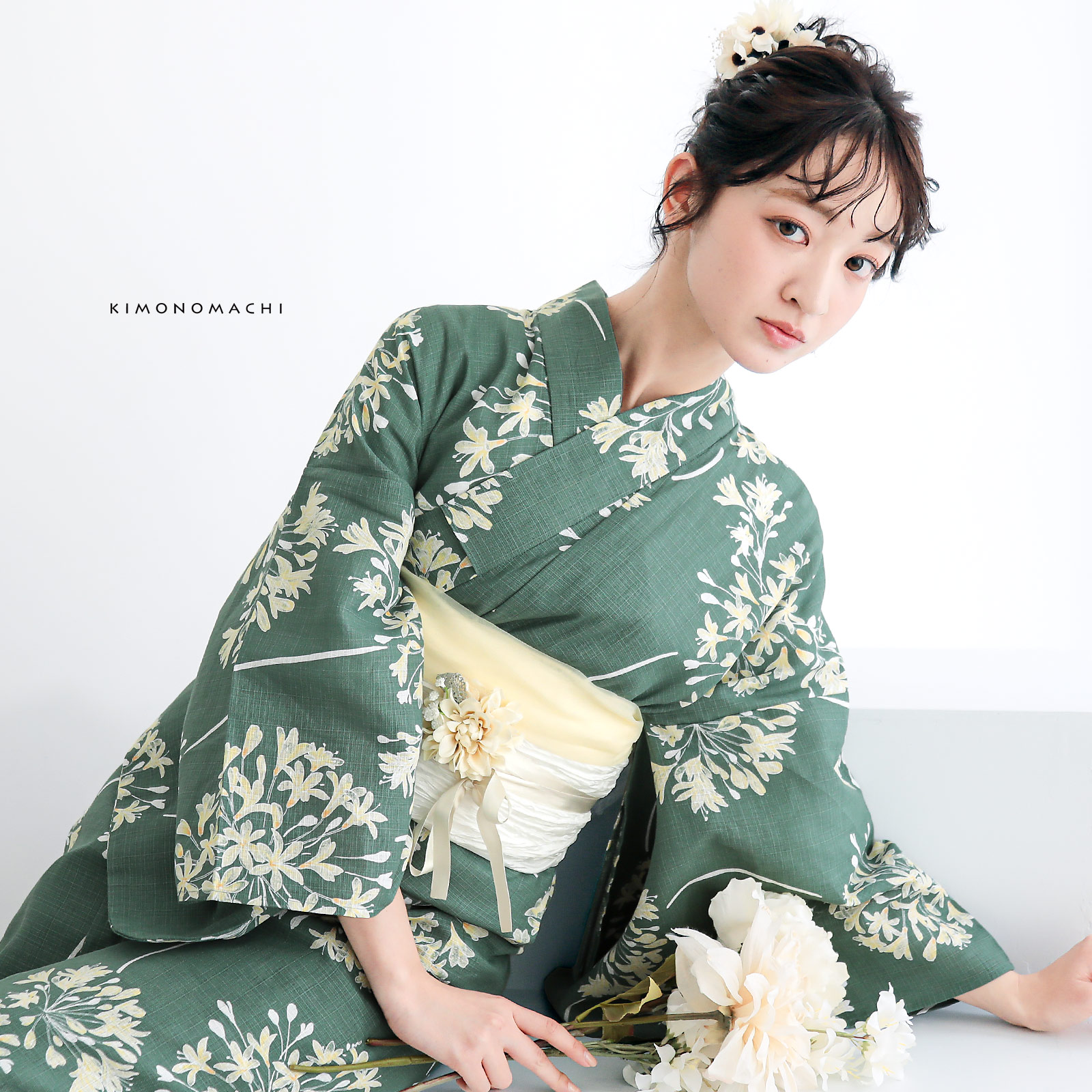 綿レディース浴衣：06アガパンサス　アンティークグリーン