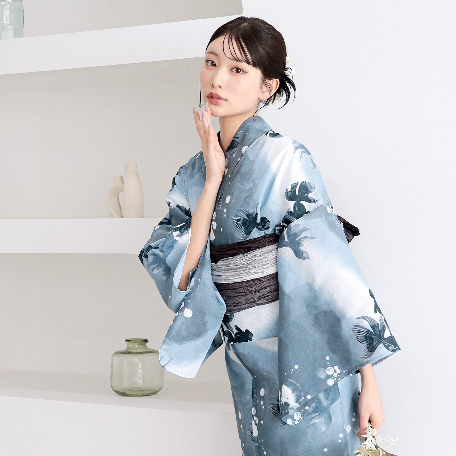 綿レディース浴衣：07ゆらぎ金魚　ブルーグレー