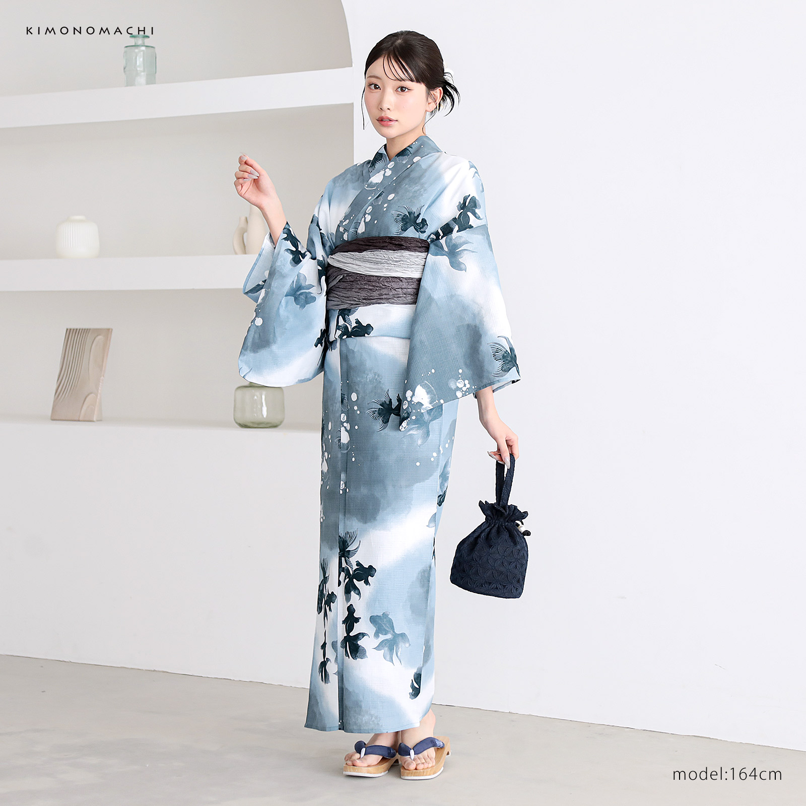 綿レディース浴衣：07ゆらぎ金魚　ブルーグレー