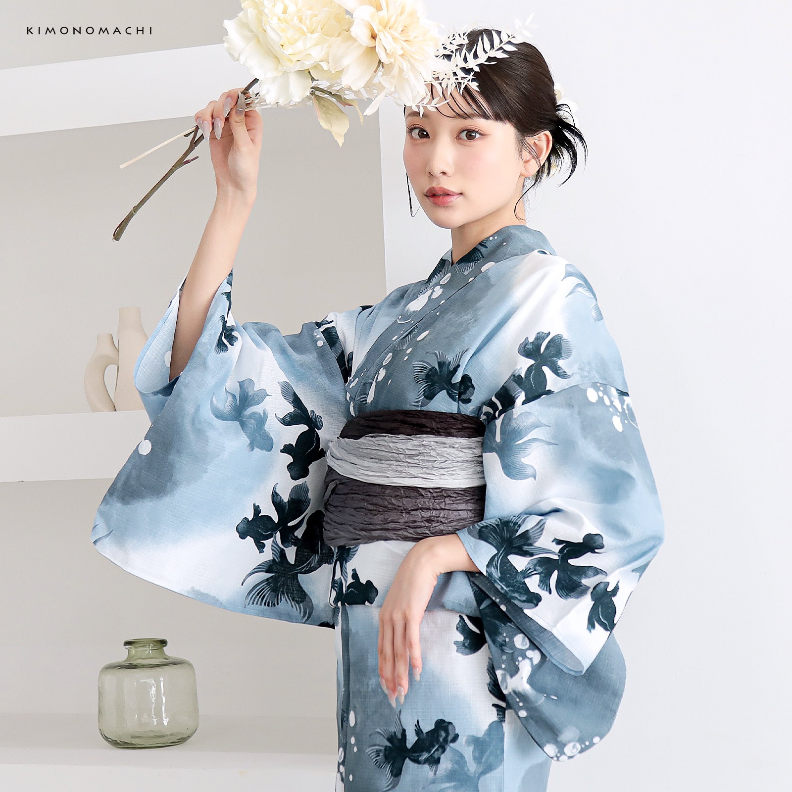 綿レディース浴衣：07ゆらぎ金魚　ブルーグレー