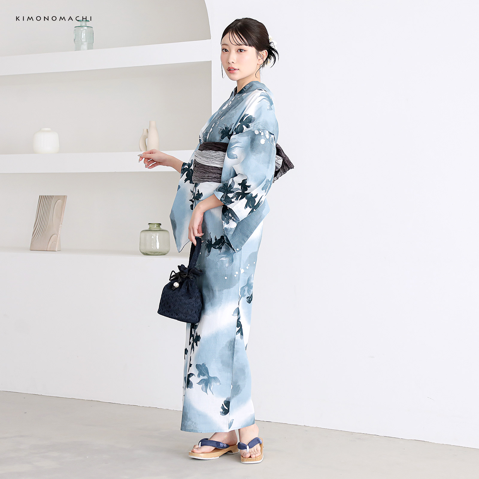 綿レディース浴衣：07ゆらぎ金魚　ブルーグレー