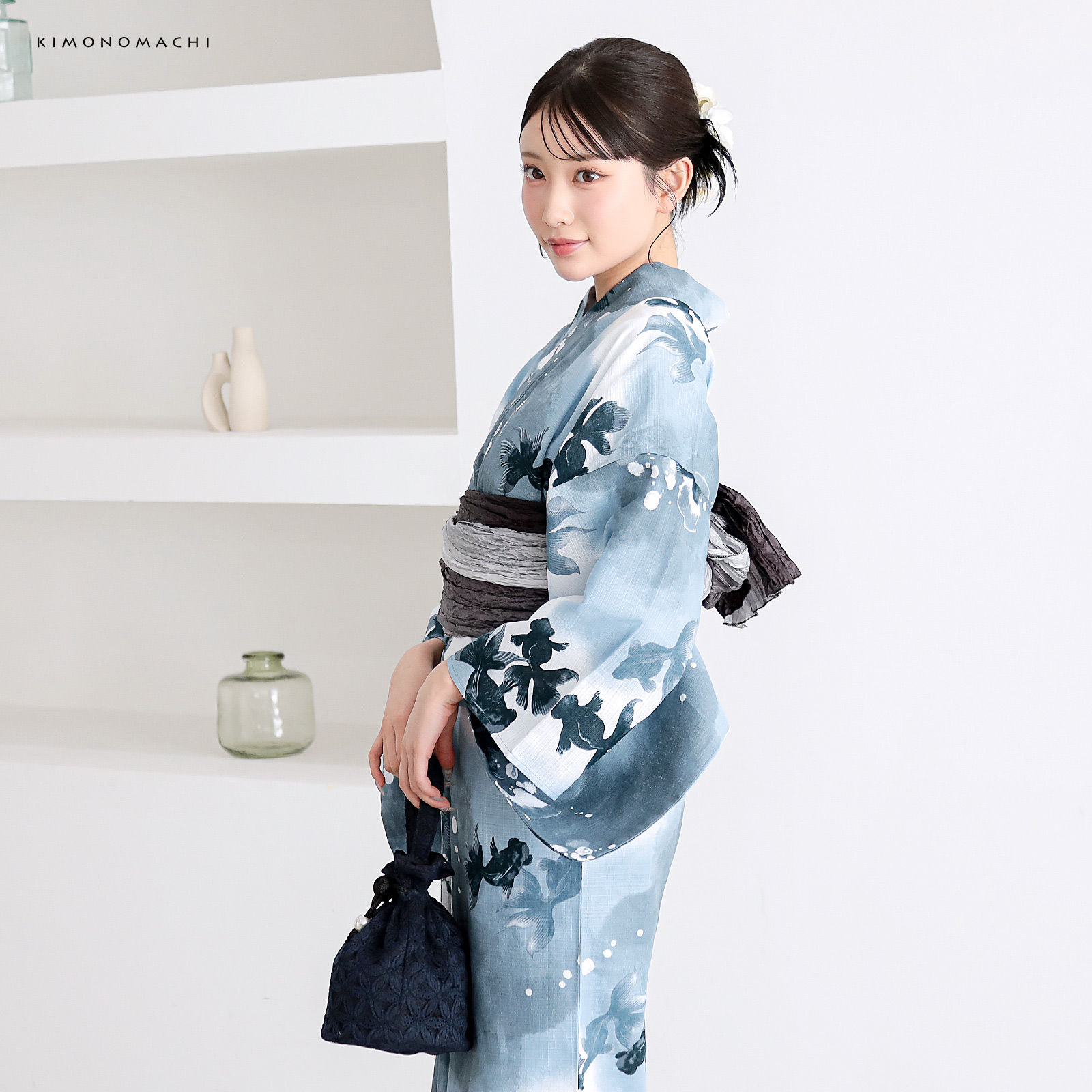 綿レディース浴衣：07ゆらぎ金魚　ブルーグレー