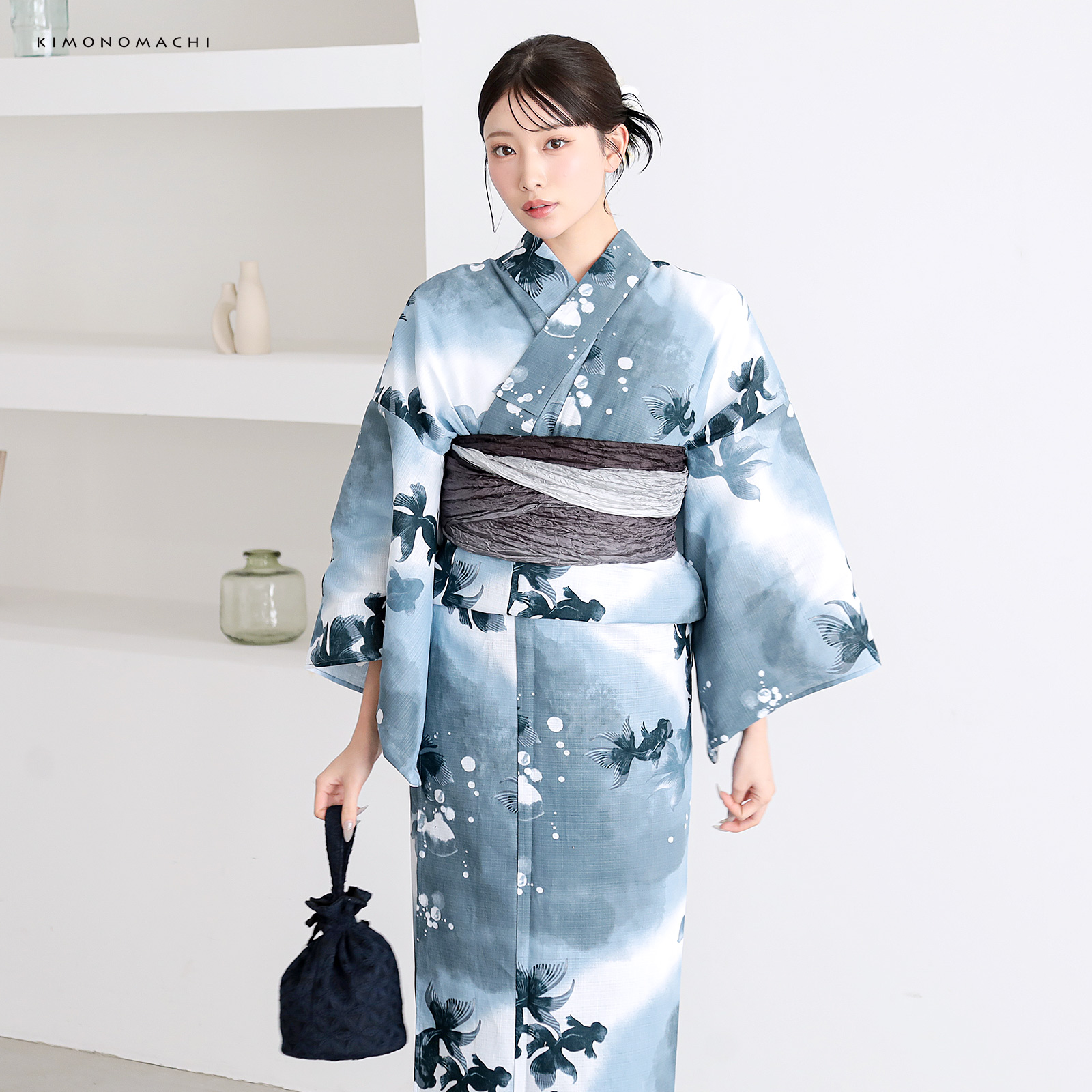 綿レディース浴衣：07ゆらぎ金魚　ブルーグレー