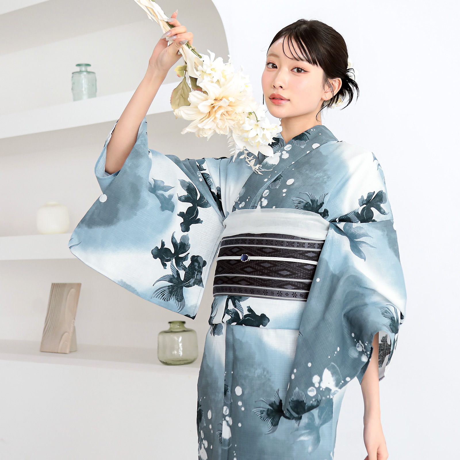 綿レディース浴衣：07ゆらぎ金魚　ブルーグレー