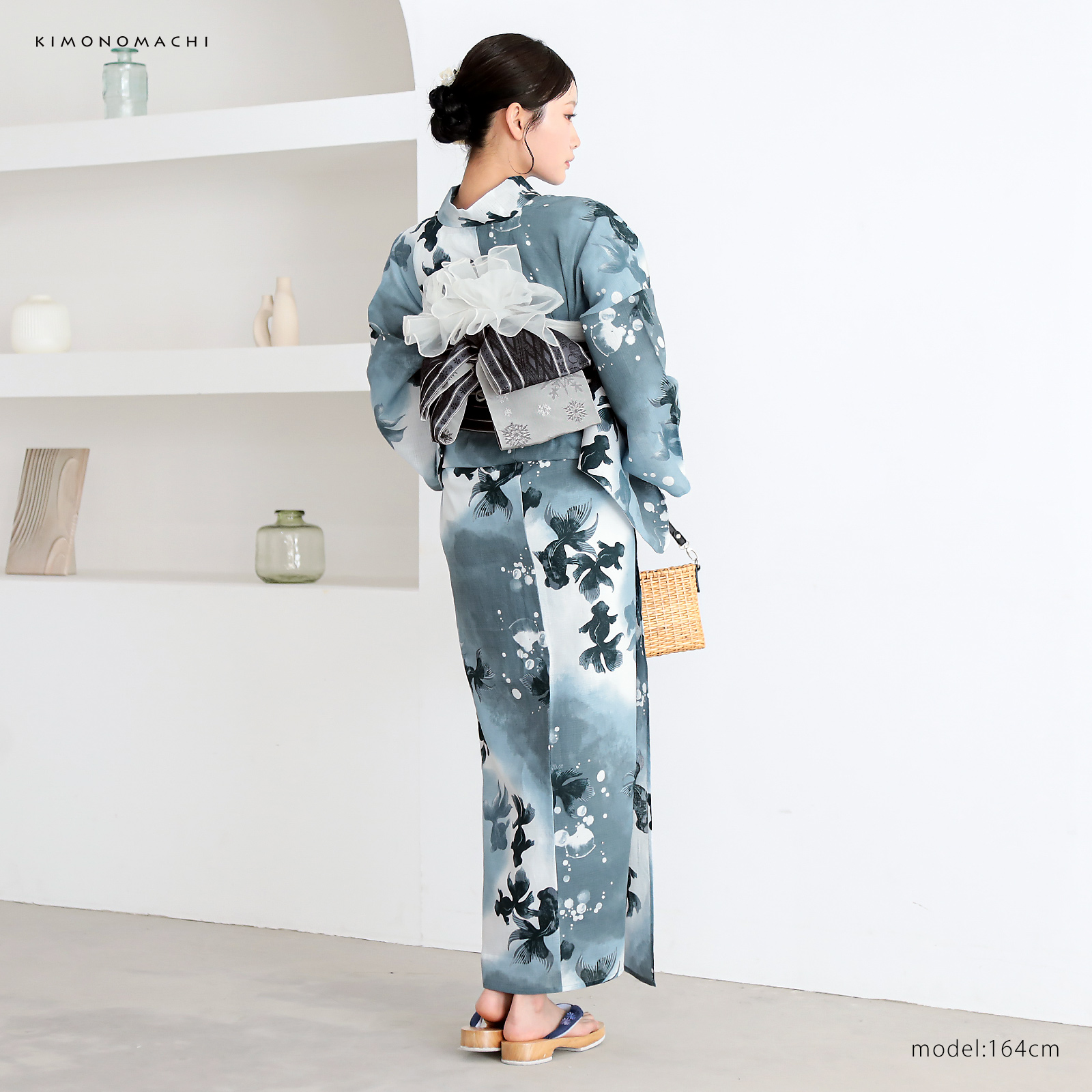 綿レディース浴衣：07ゆらぎ金魚　ブルーグレー