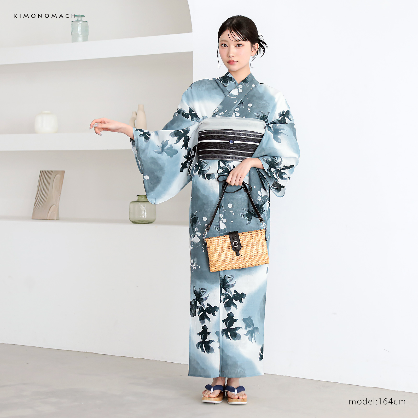 綿レディース浴衣：07ゆらぎ金魚　ブルーグレー