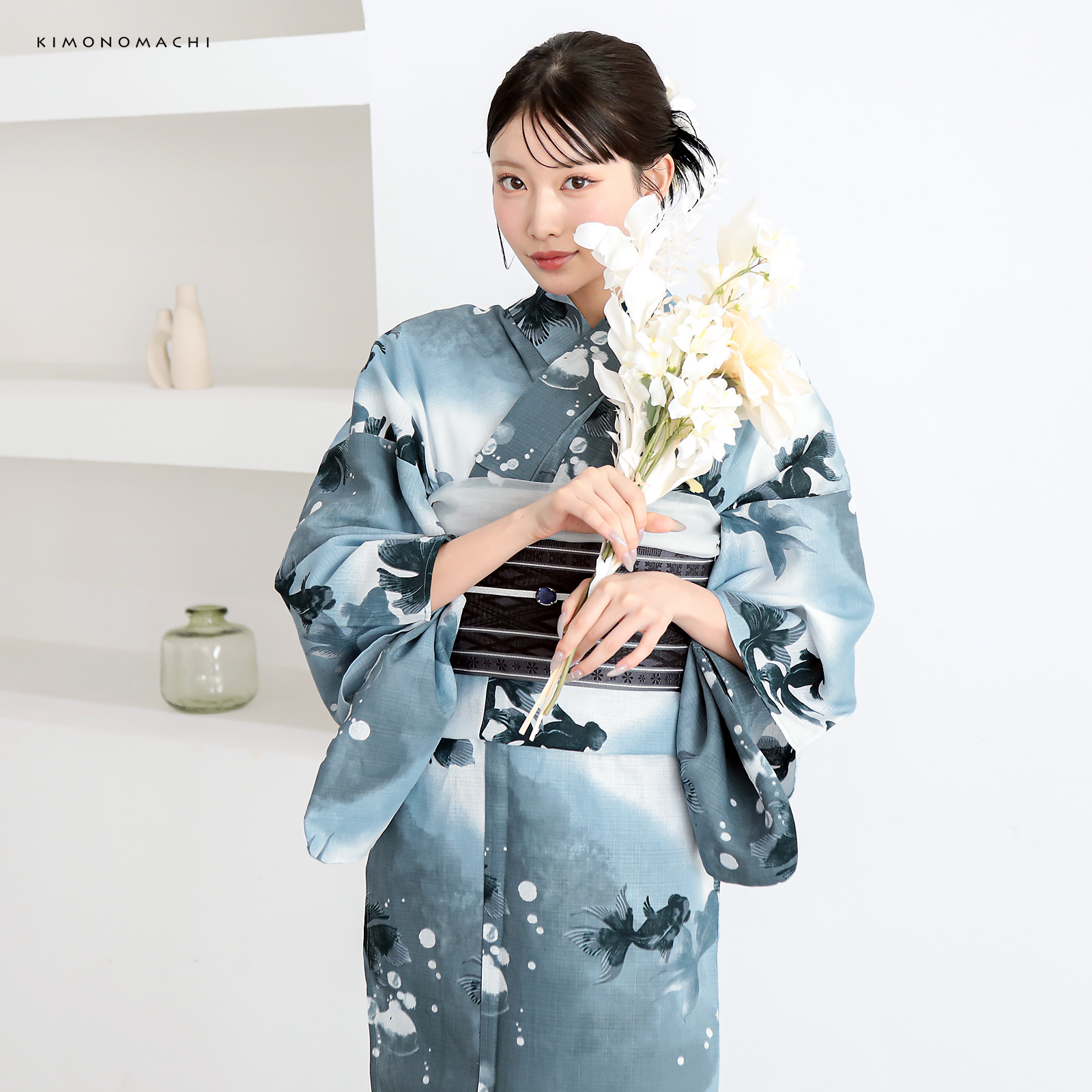 綿レディース浴衣：07ゆらぎ金魚　ブルーグレー