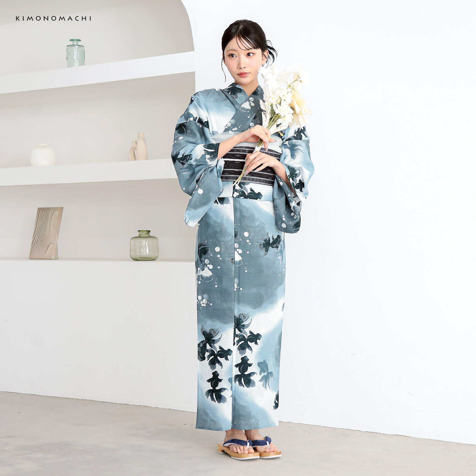 綿レディース浴衣：07ゆらぎ金魚　ブルーグレー
