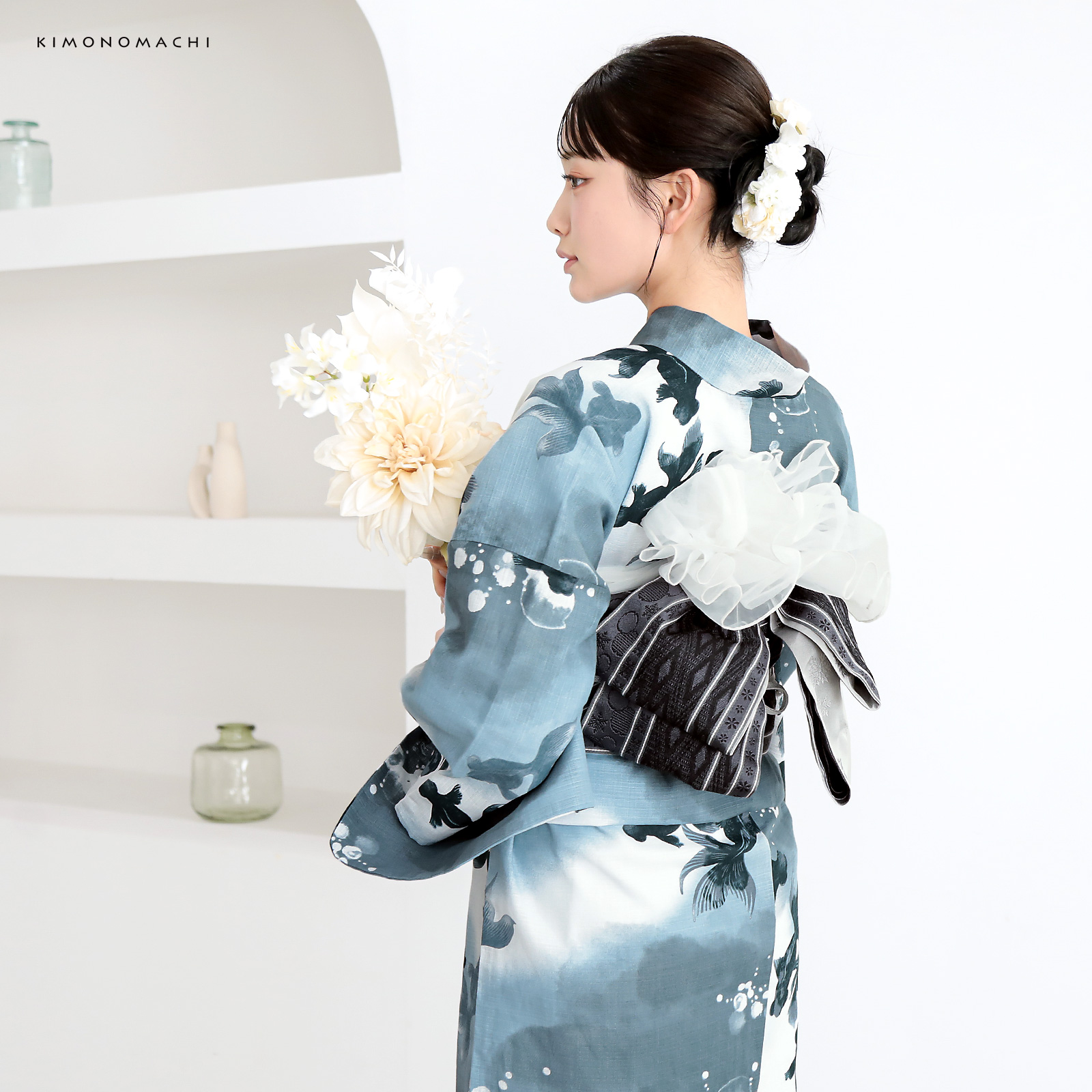 綿レディース浴衣：07ゆらぎ金魚　ブルーグレー