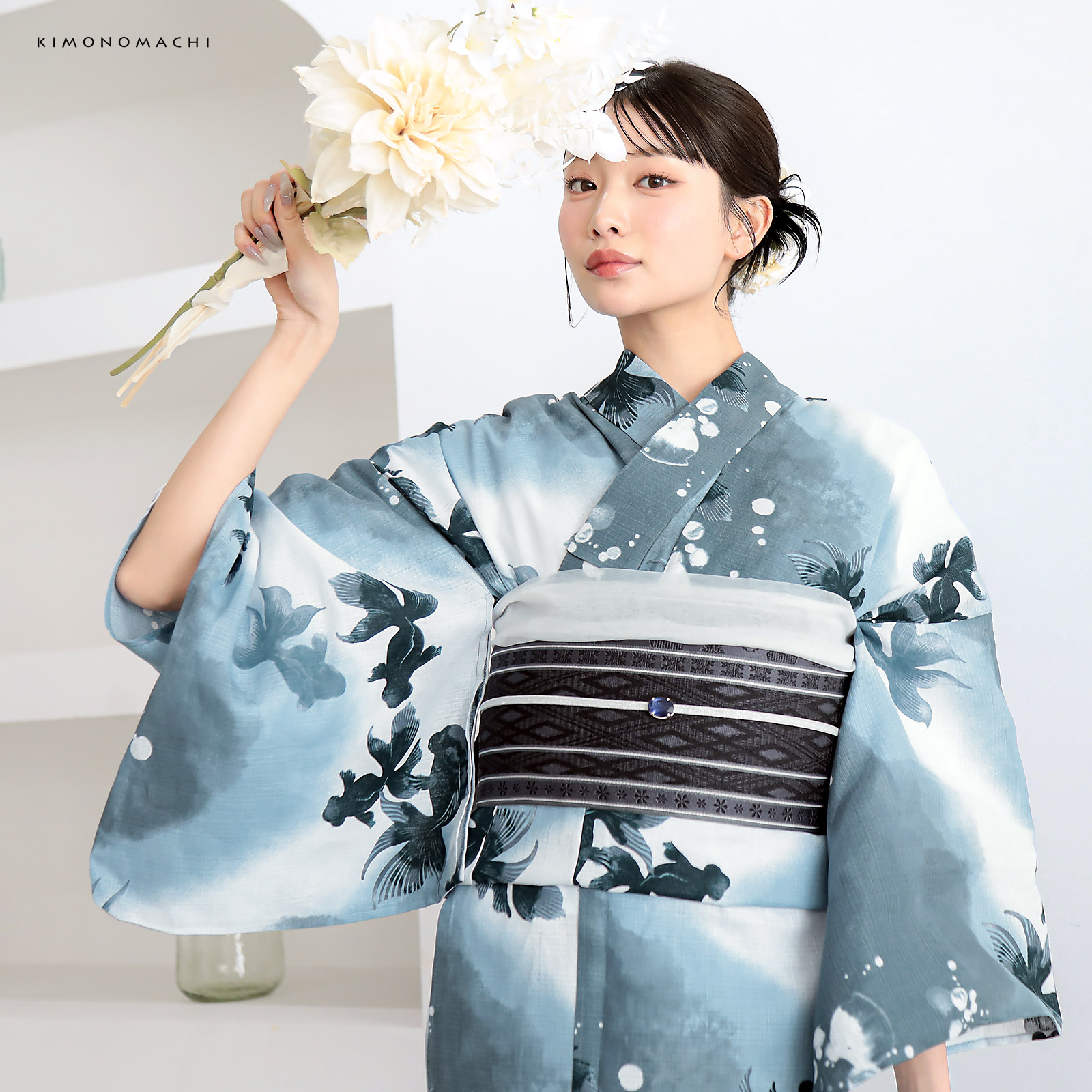 綿レディース浴衣：07ゆらぎ金魚　ブルーグレー