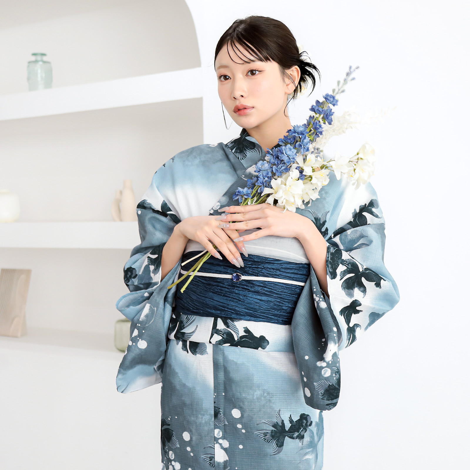 綿レディース浴衣：07ゆらぎ金魚　ブルーグレー