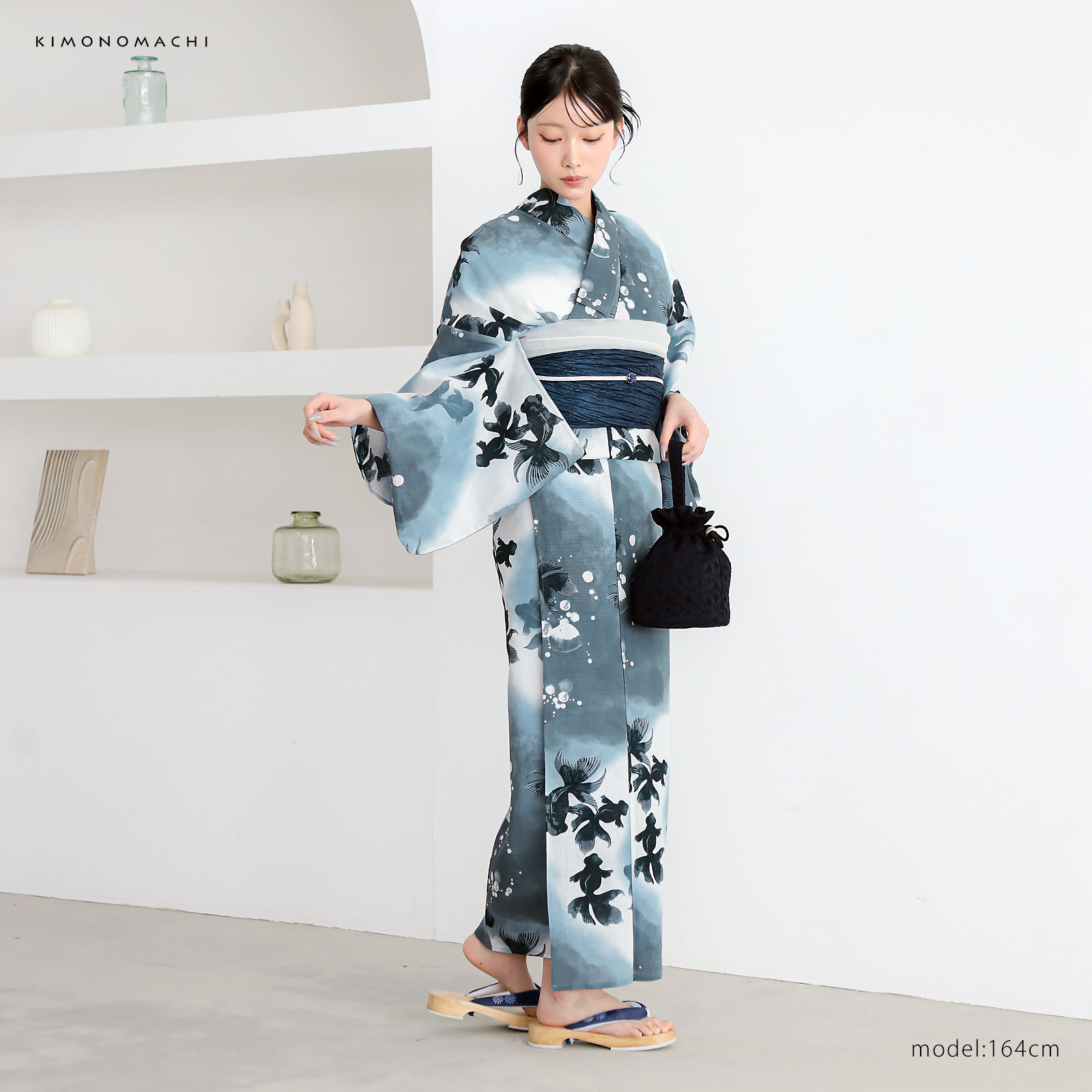 綿レディース浴衣：07ゆらぎ金魚　ブルーグレー