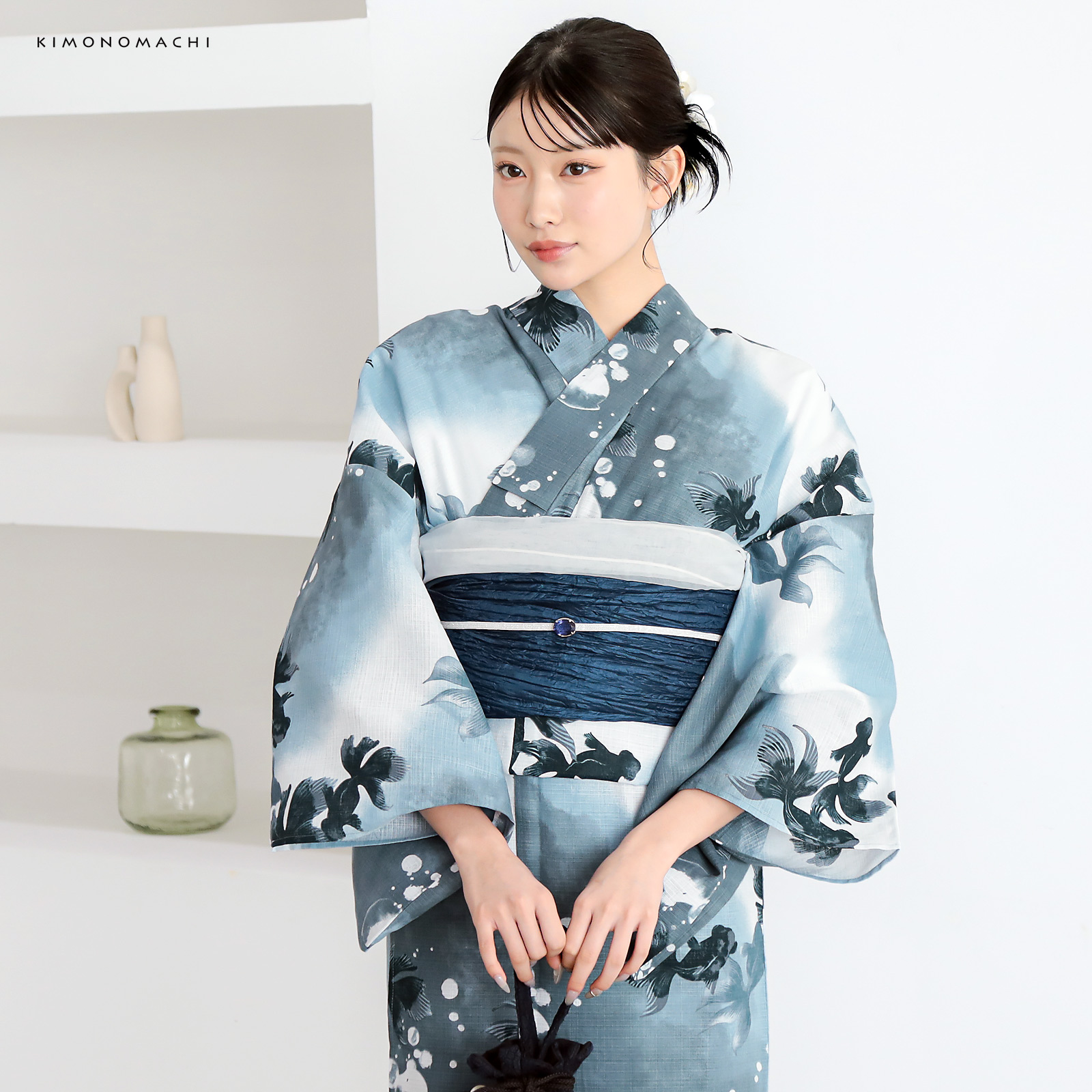 綿レディース浴衣：07ゆらぎ金魚　ブルーグレー