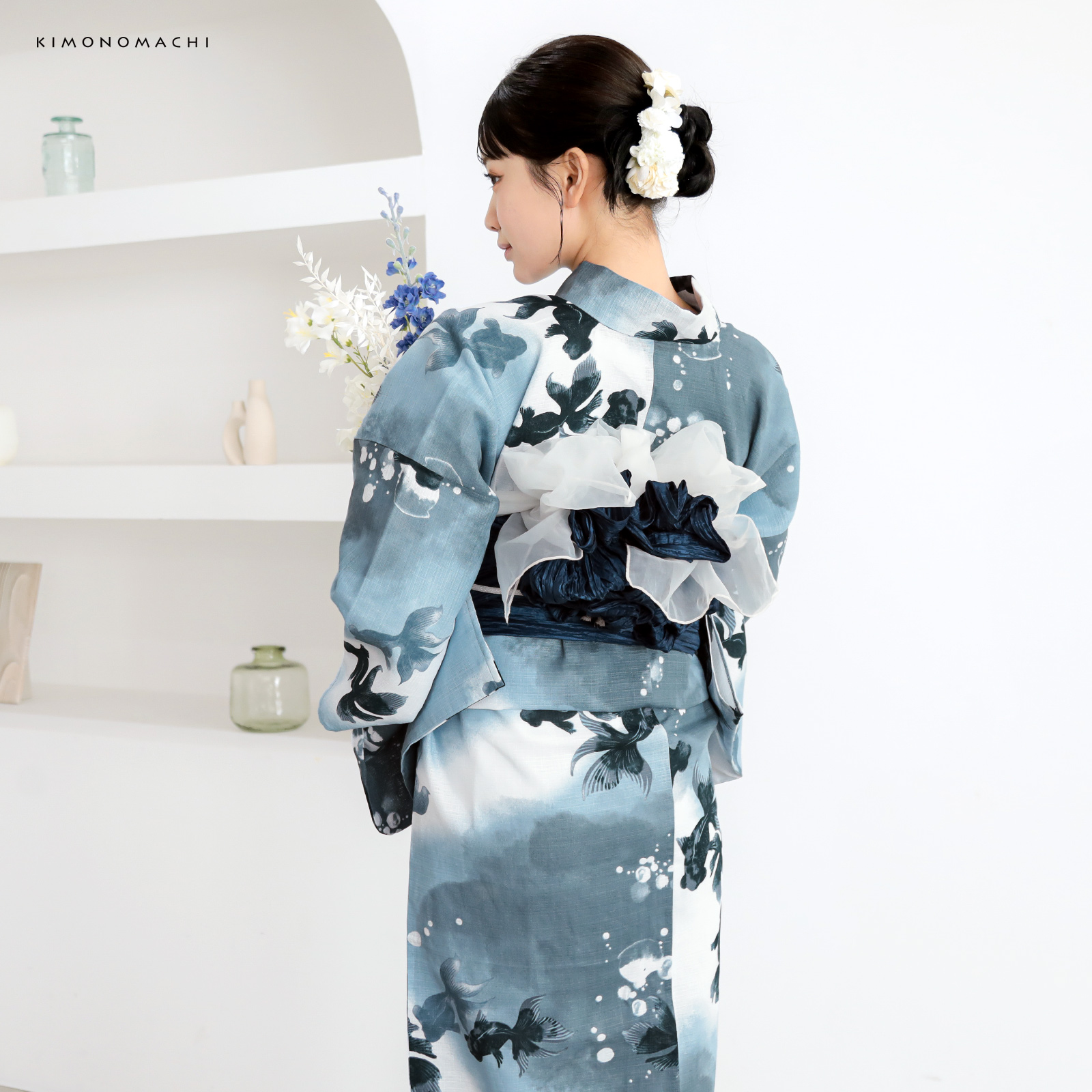 綿レディース浴衣：07ゆらぎ金魚　ブルーグレー