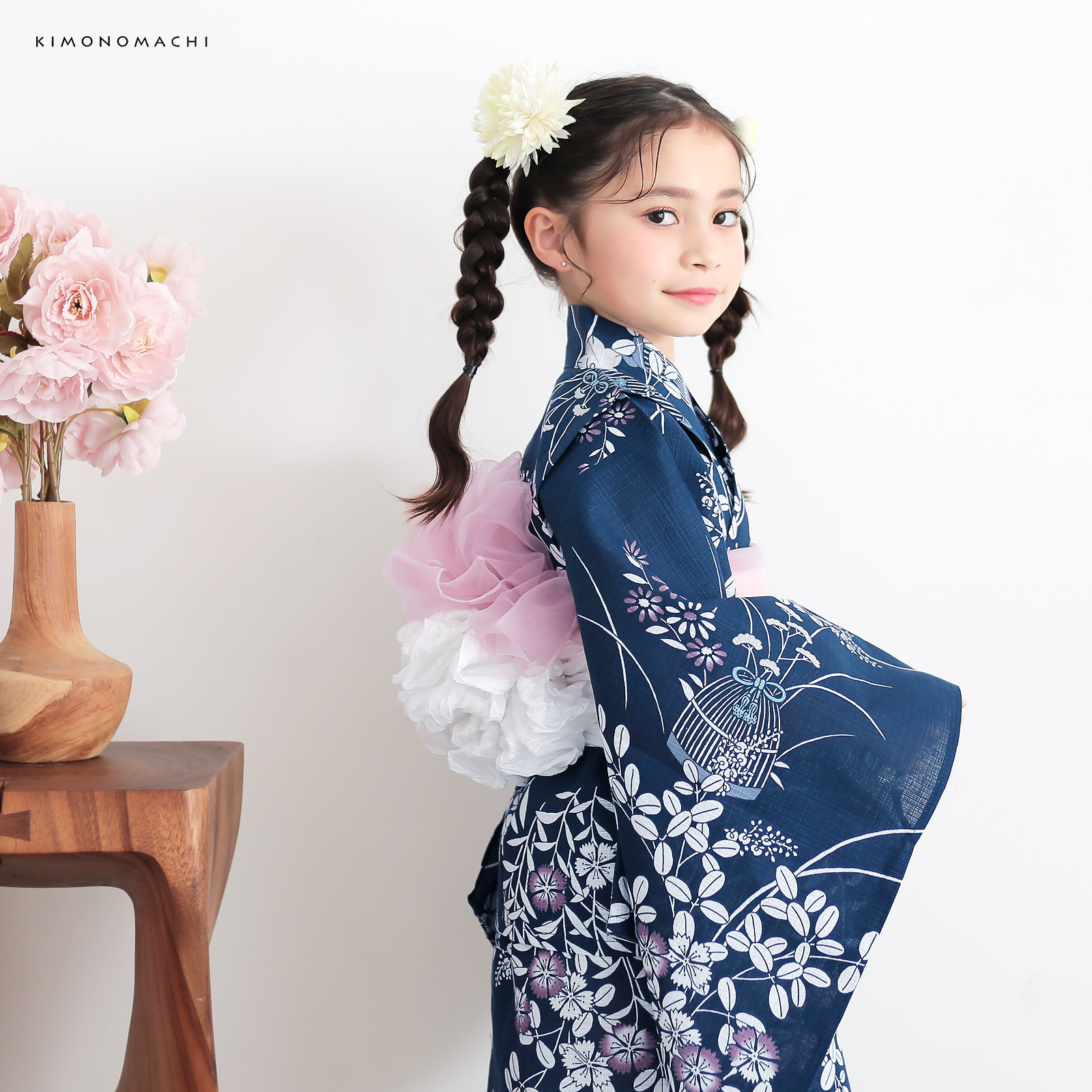 綿女の子2way浴衣：秋草に虫かご　ネイビー