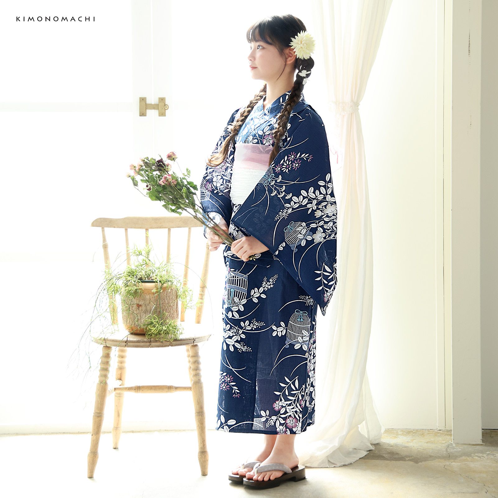 綿女の子2way浴衣：秋草に虫かご　ネイビー