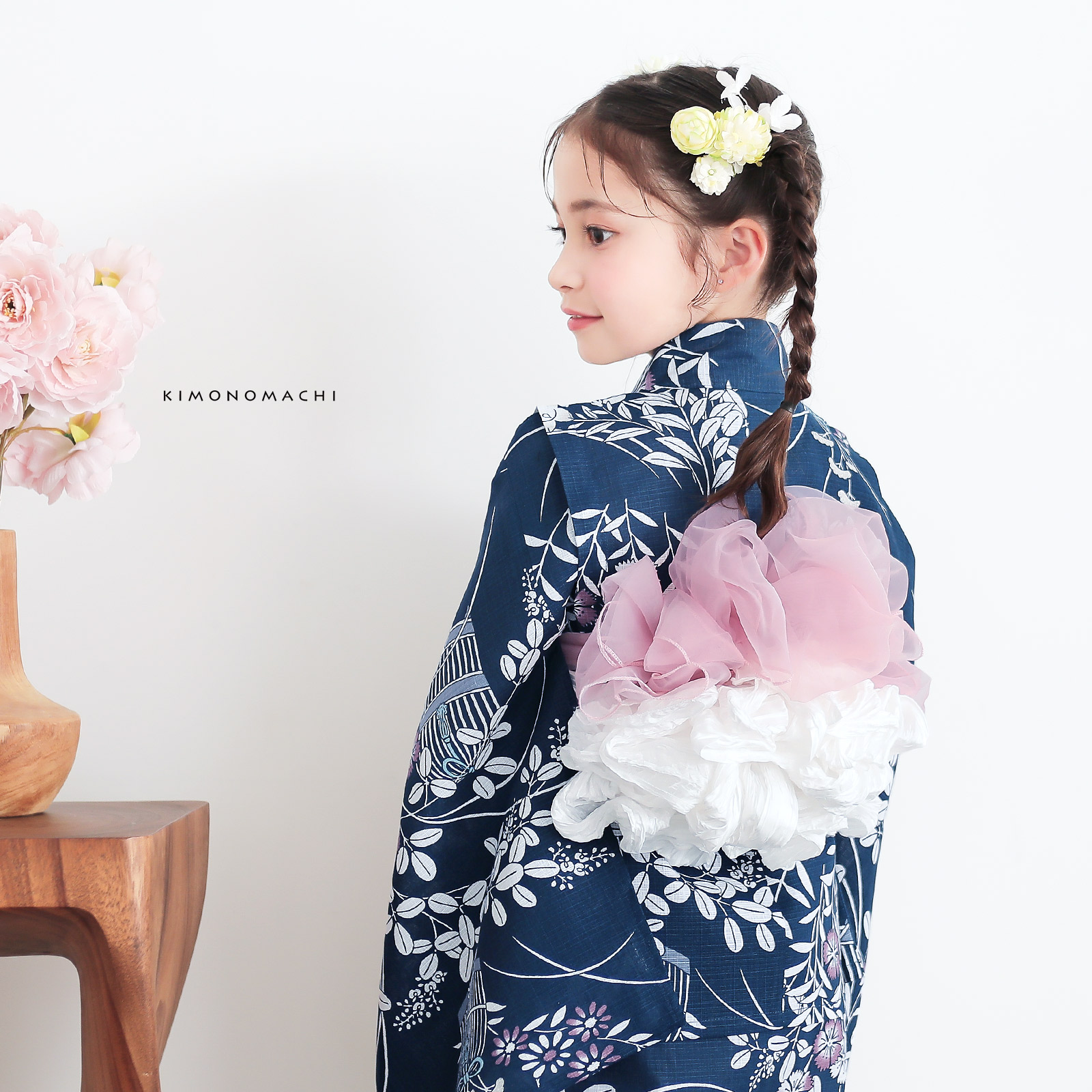 綿女の子2way浴衣：秋草に虫かご　ネイビー