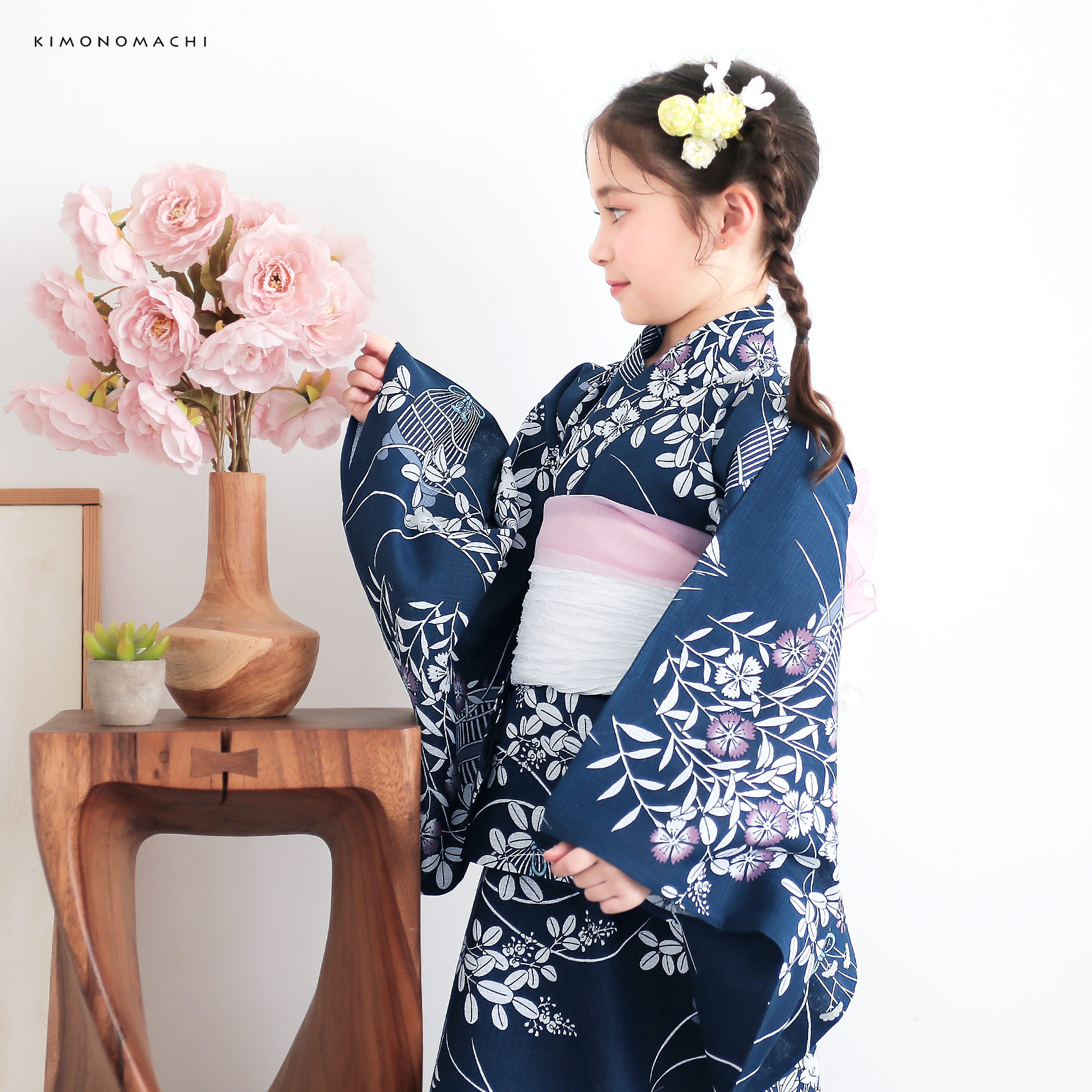 綿女の子2way浴衣：秋草に虫かご　ネイビー