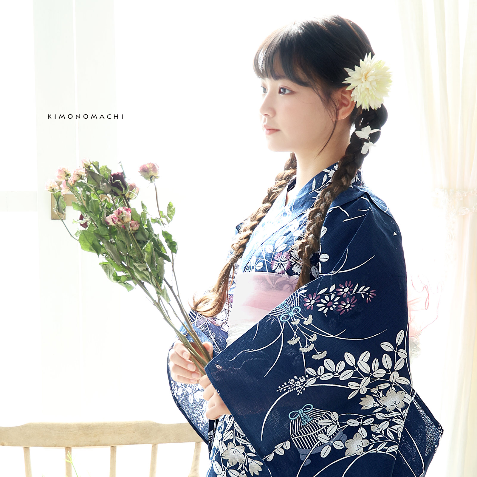 綿女の子2way浴衣：秋草に虫かご　ネイビー
