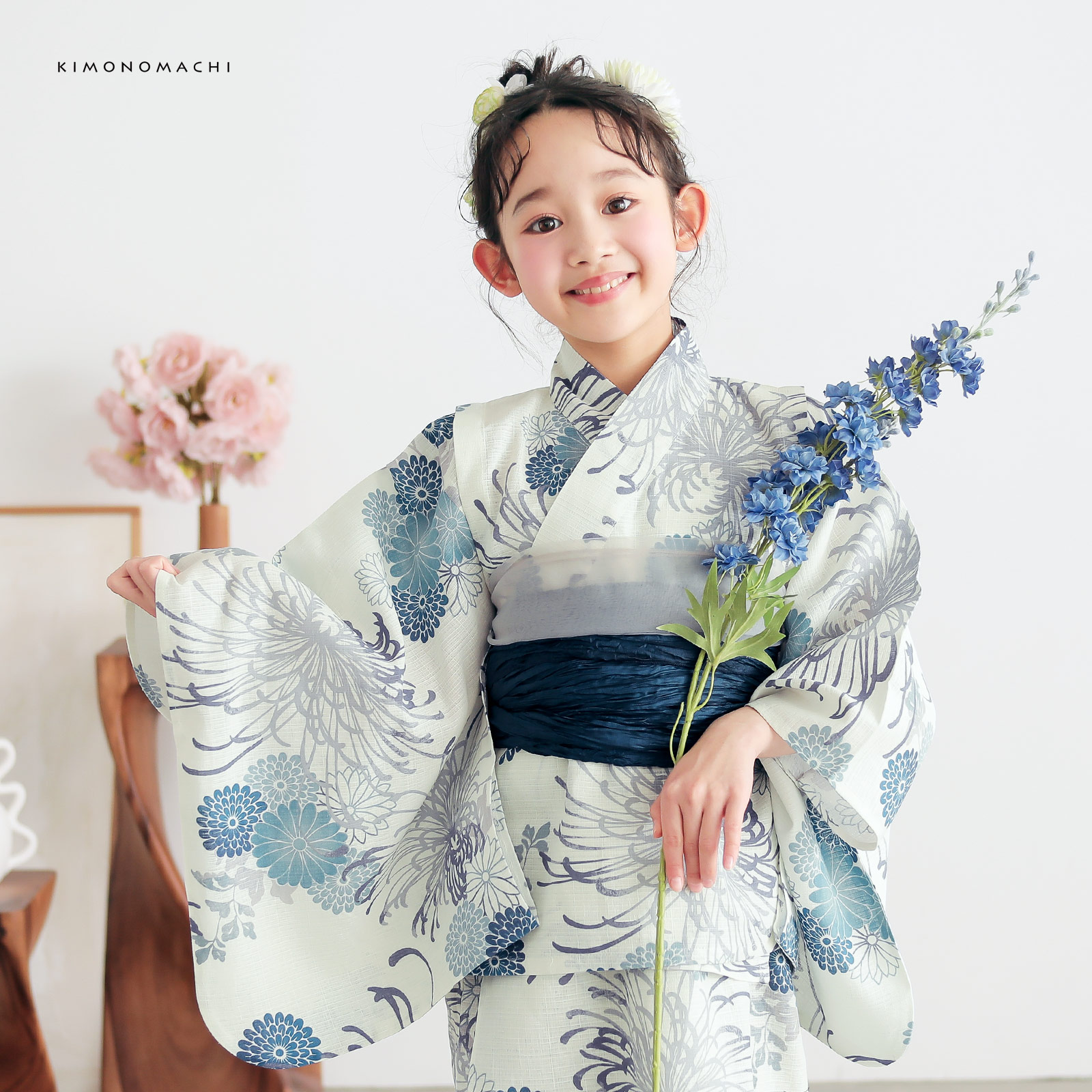 綿女の子2way浴衣：糸菊に菊花紋　ブルー