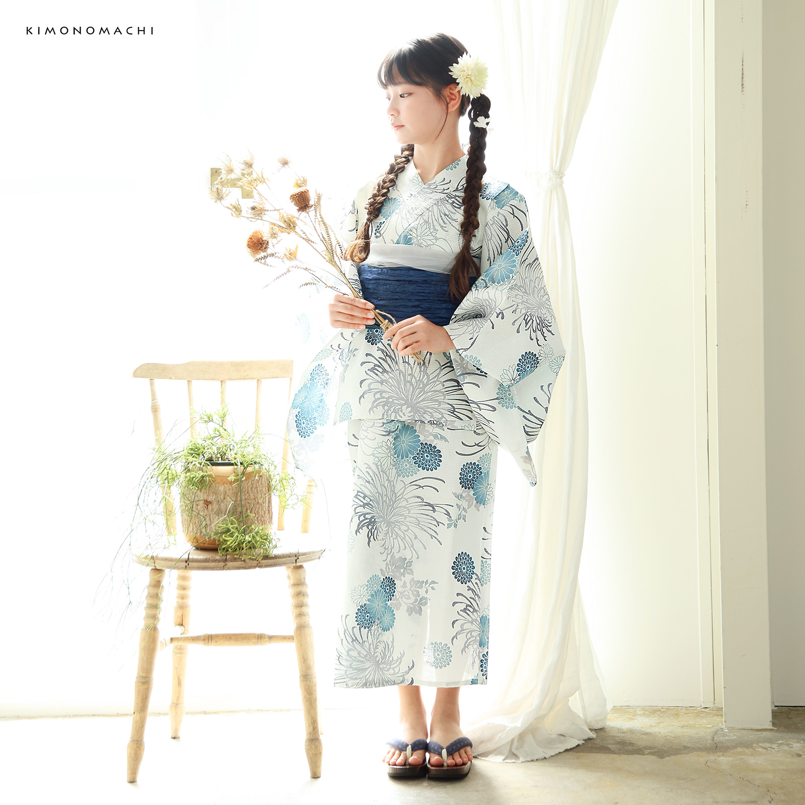 綿女の子2way浴衣：糸菊に菊花紋　ブルー
