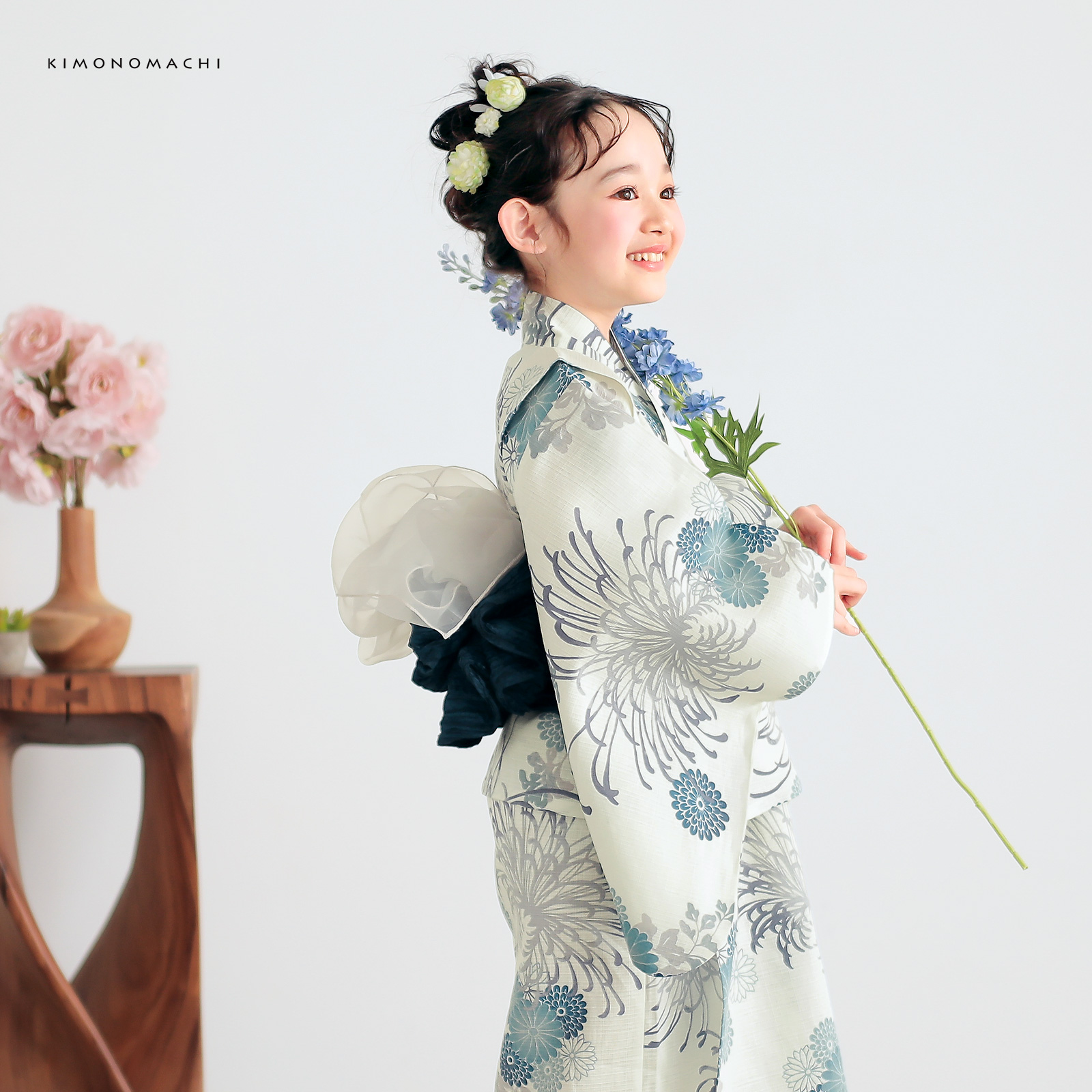 綿女の子2way浴衣：糸菊に菊花紋　ブルー