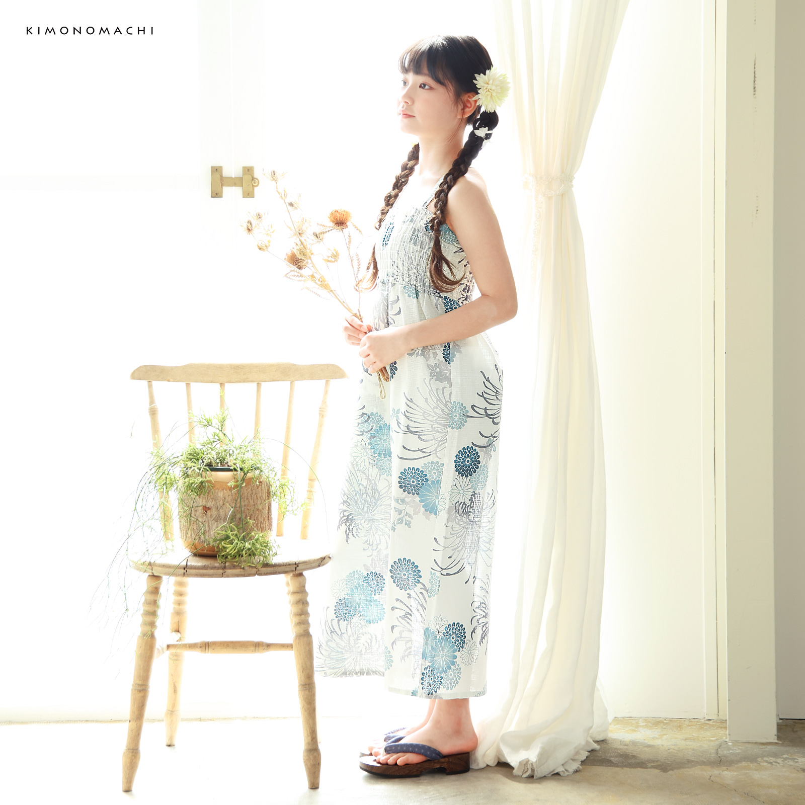 綿女の子2way浴衣：糸菊に菊花紋　ブルー