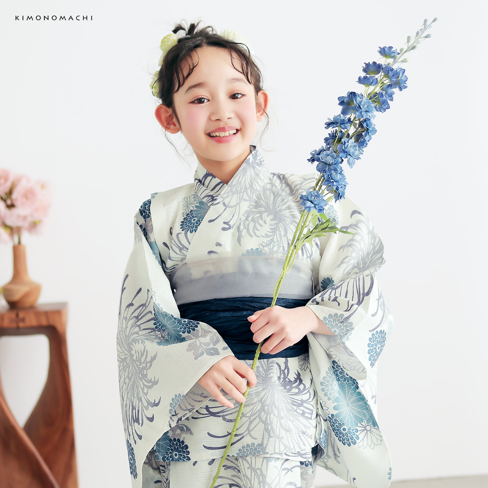 綿女の子2way浴衣：糸菊に菊花紋　ブルー