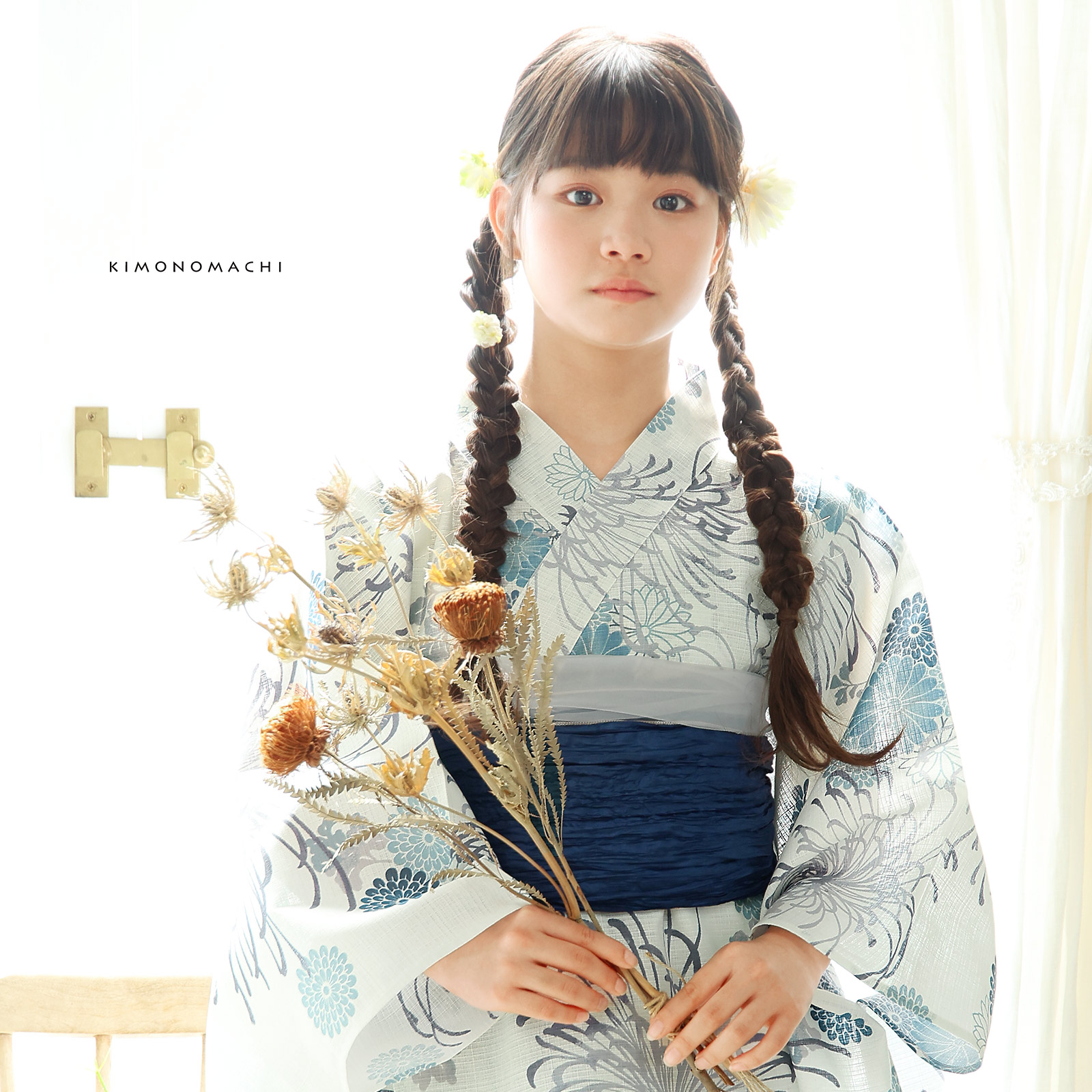 綿女の子2way浴衣：糸菊に菊花紋　ブルー