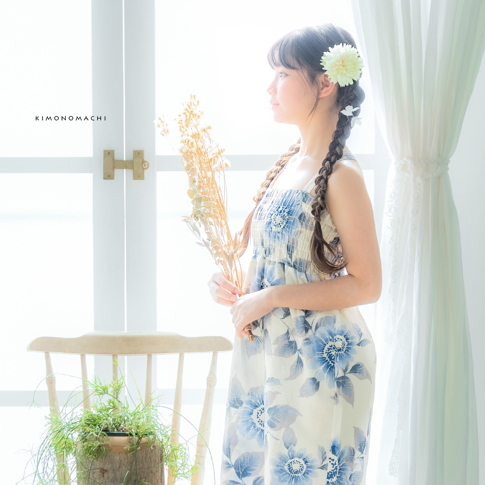 綿女の子2way浴衣：向日葵　ゼニスブルー