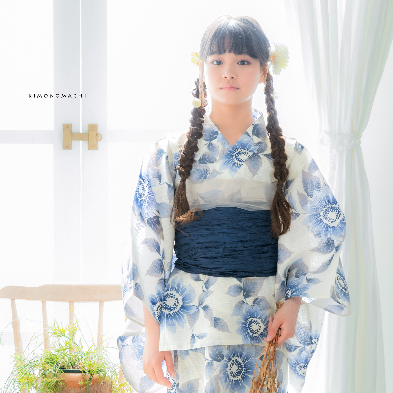綿女の子2way浴衣：向日葵　ゼニスブルー
