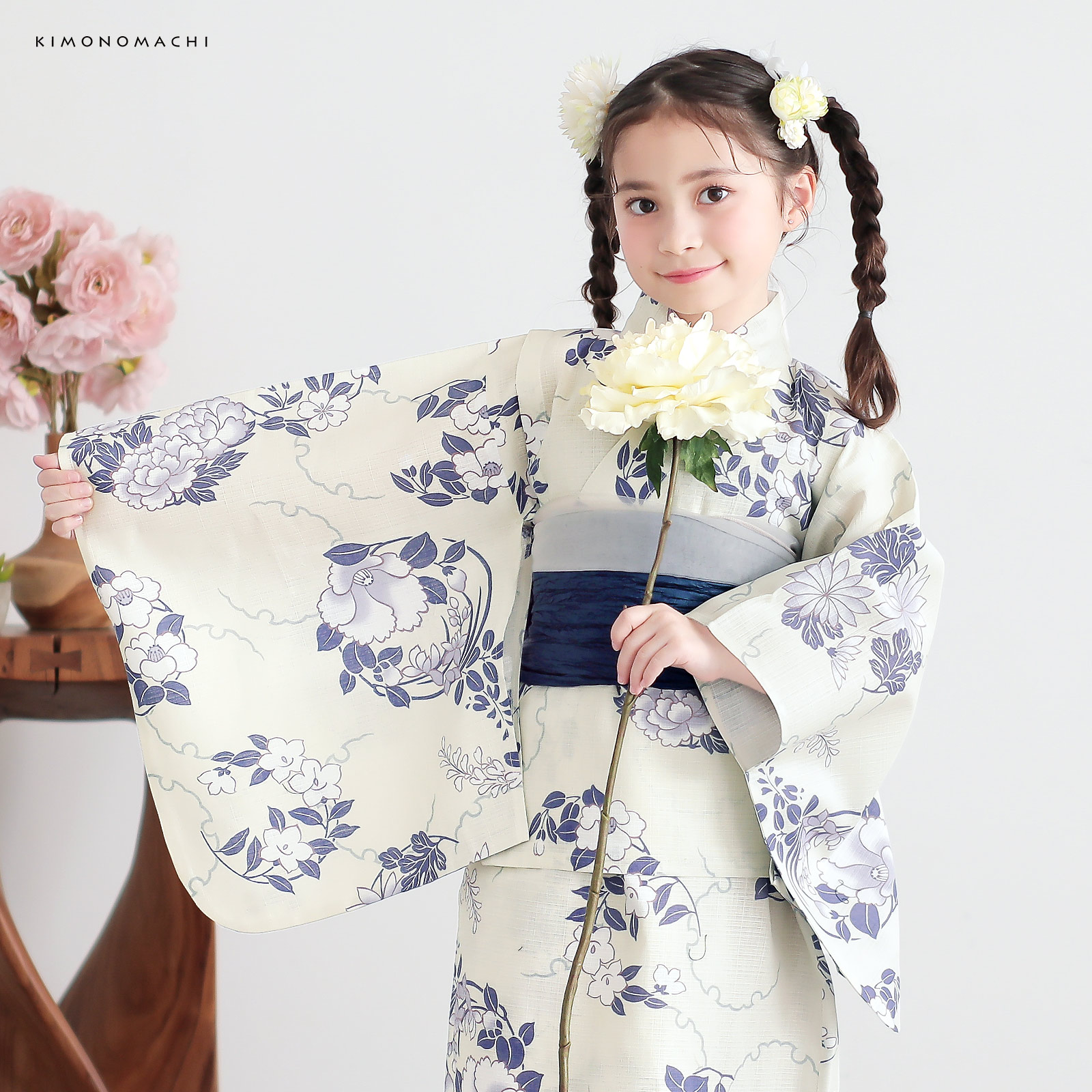 綿女の子2way浴衣：雪輪に花の丸　パープル