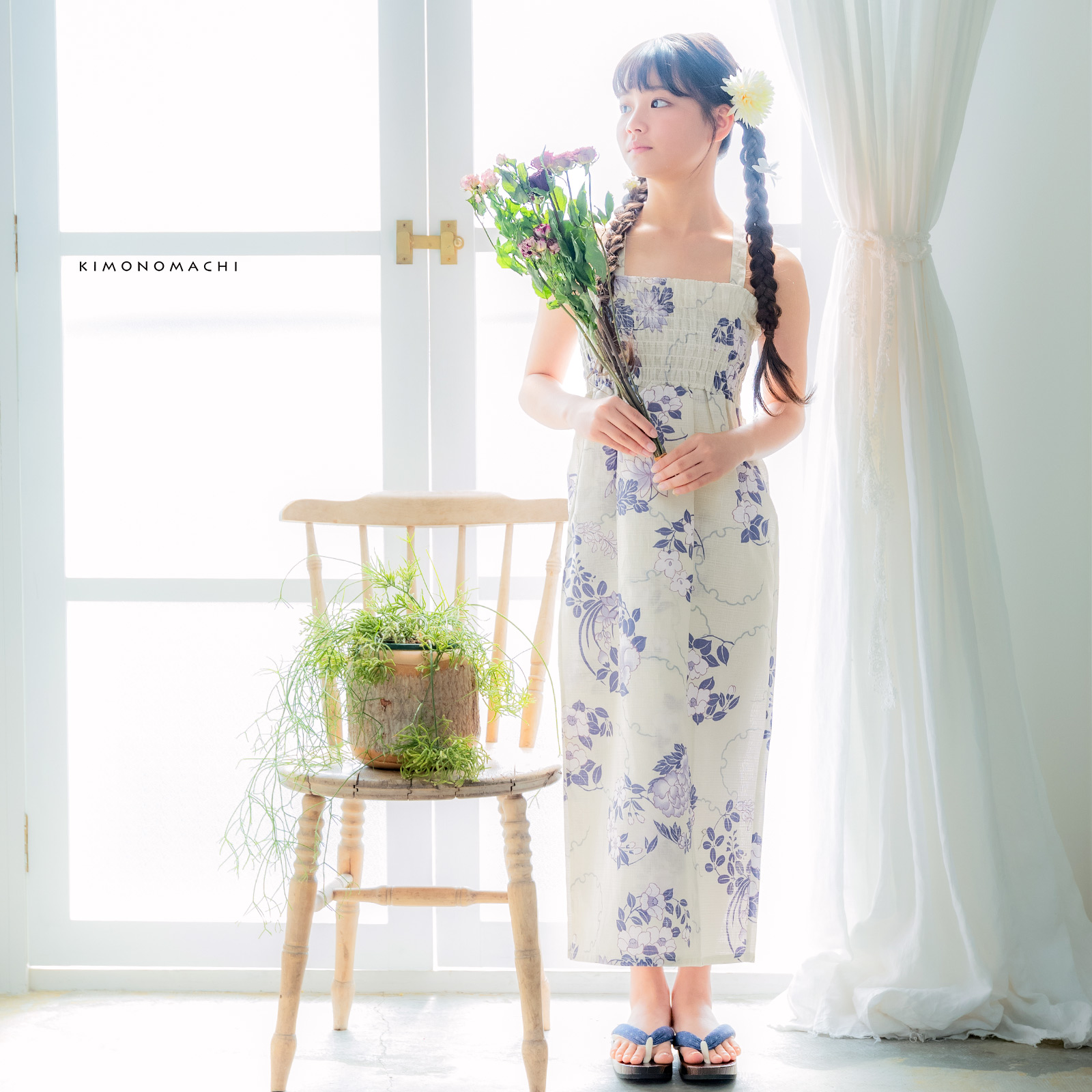 綿女の子2way浴衣：雪輪に花の丸　パープル
